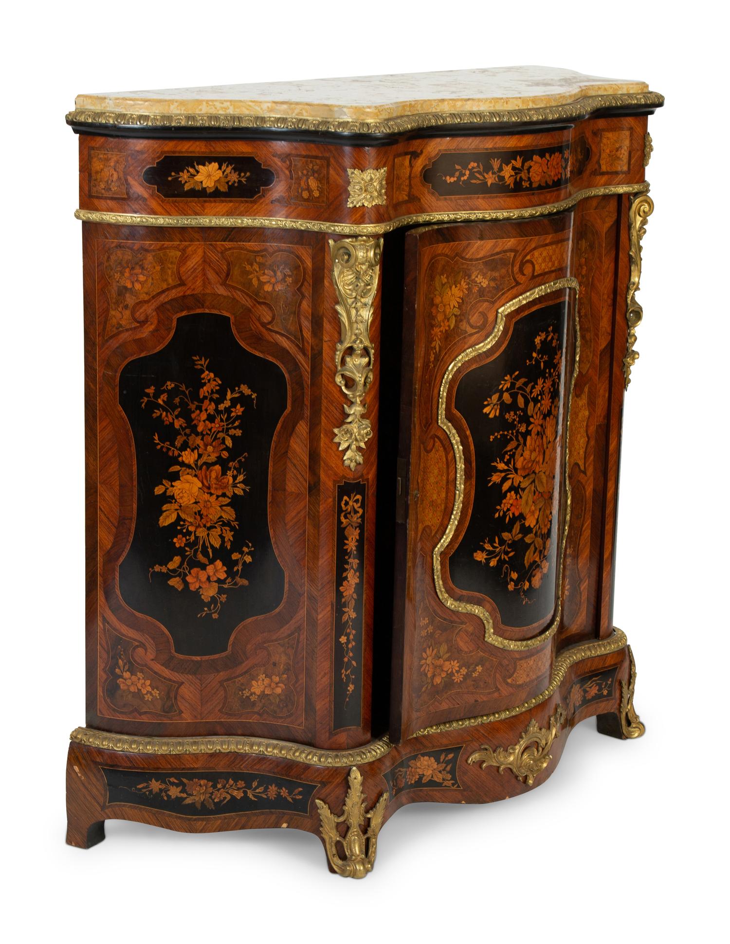 A Napoleon III Gilt Bronze Mounted Marquetry Marble Top Cabinet — 19TH CENTURY