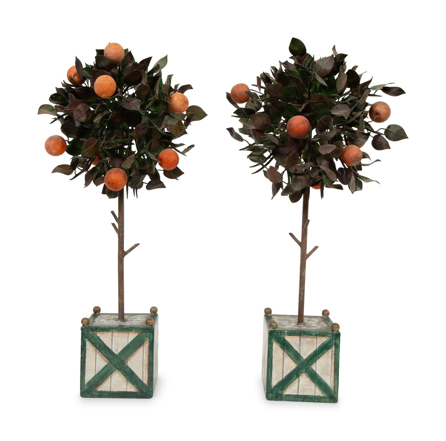A Pair of Tole Peinte Orange Tree Topiaries