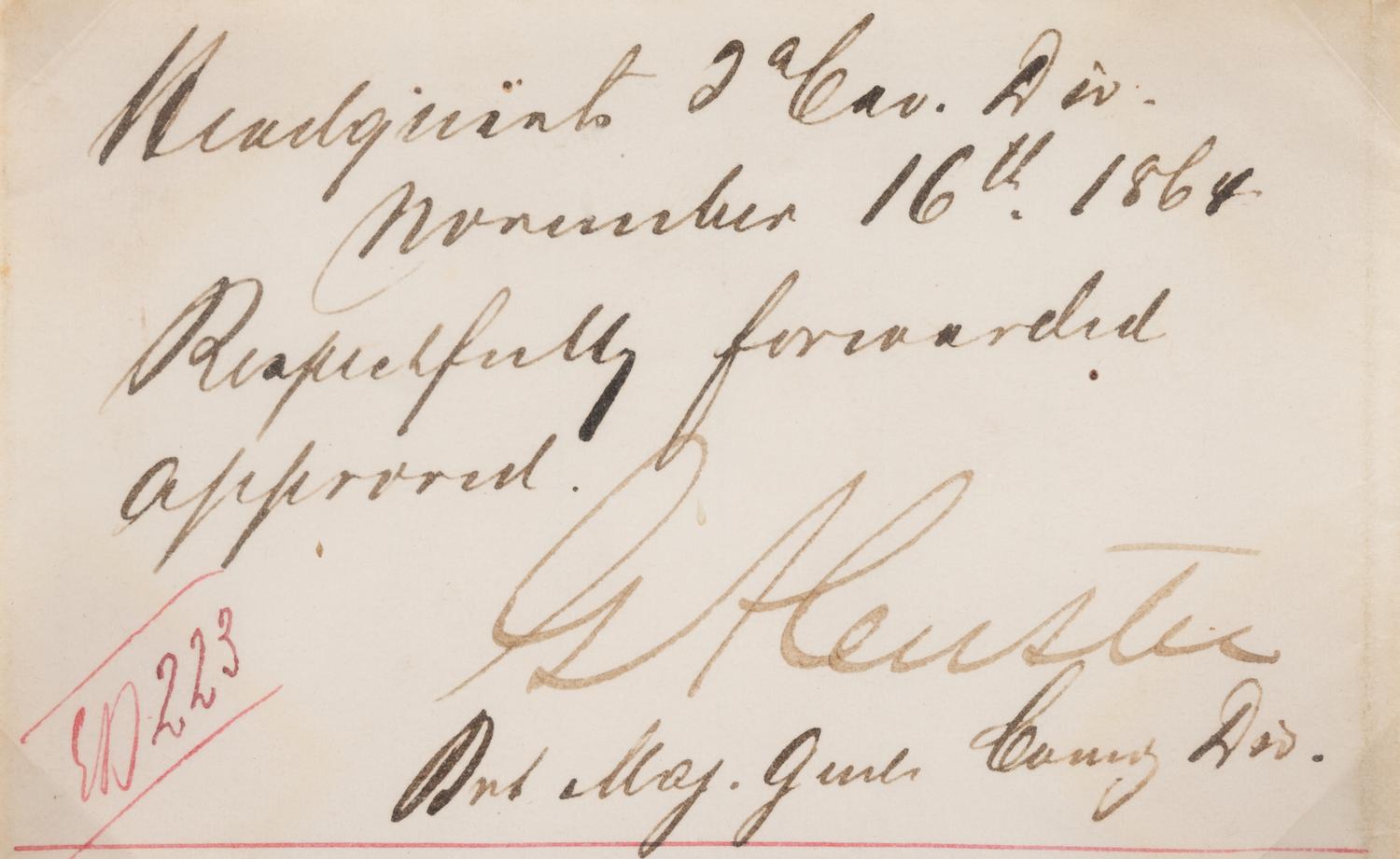 CUSTER, George Armstrong (1839-1876). Endorsement signed ("G.A. Custer"), as Brevet Major General. Headquarters 2nd Cavalry Division, 16 November 1864.