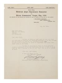 GARVEY, Marcus (1887-1940). Typed letter signed (“Marcus Garvey”), as President-General of the Universal Negro Improvement Association, to Edna Green. West Kensington, London, 4 August 1936. 1 page, 8vo, on Universal Negro Improvement Association and African Communities’ League letterhead, light creasing.