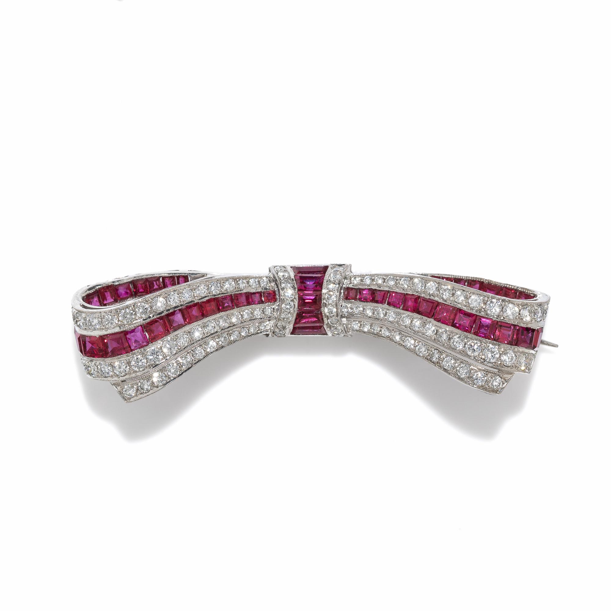 RUBY AND DIAMOND BOW BROOCH