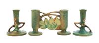 Three Roseville Bushberry Pottery Articles Height of pair 4 3/4 inches.