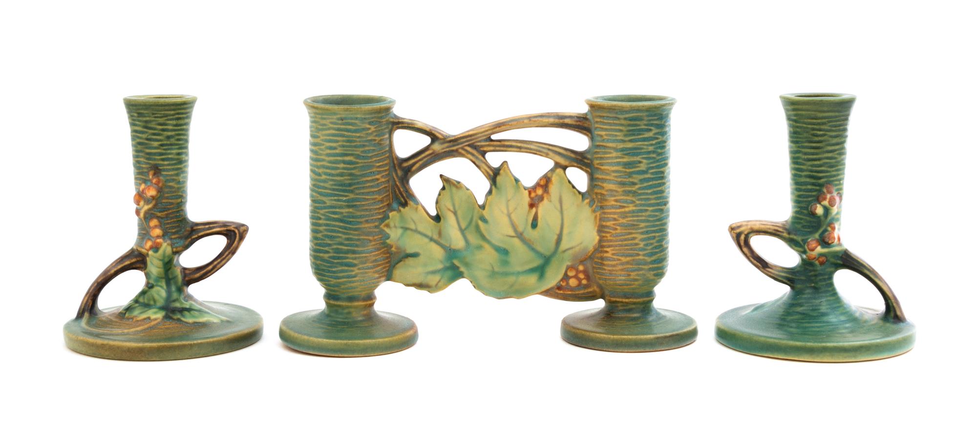 Three Roseville Bushberry Pottery Articles Height of pair 4 3/4 inches.
