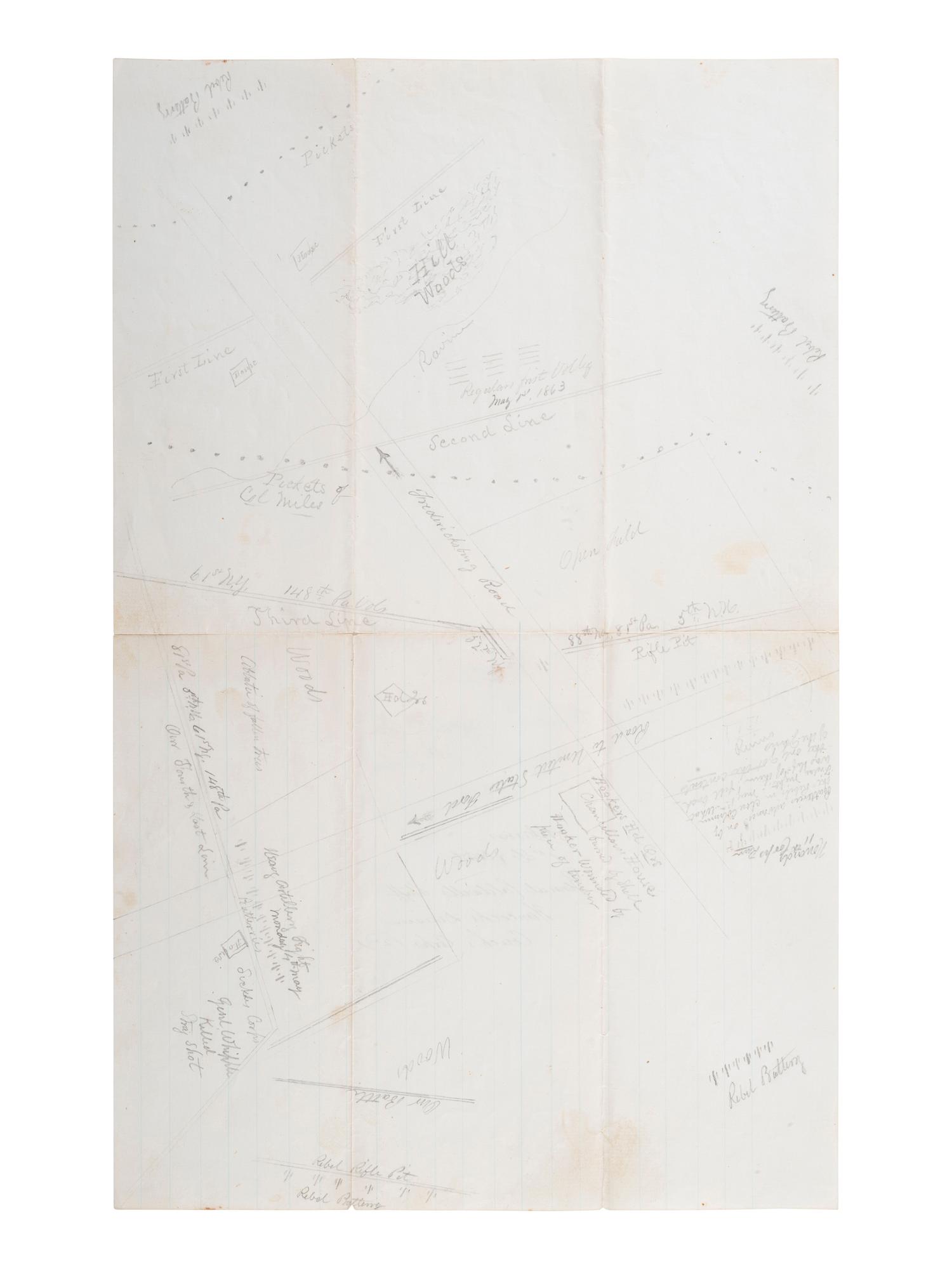 [CIVIL WAR]. Battle of Chancellorsville letter with hand-drawn map of the battlefield, written 5 days after the battle by First Lieutenant Daniel K. Cross, 5th New Hampshire Infantry. "Camp near Falmouth Va," 8 May 1863.