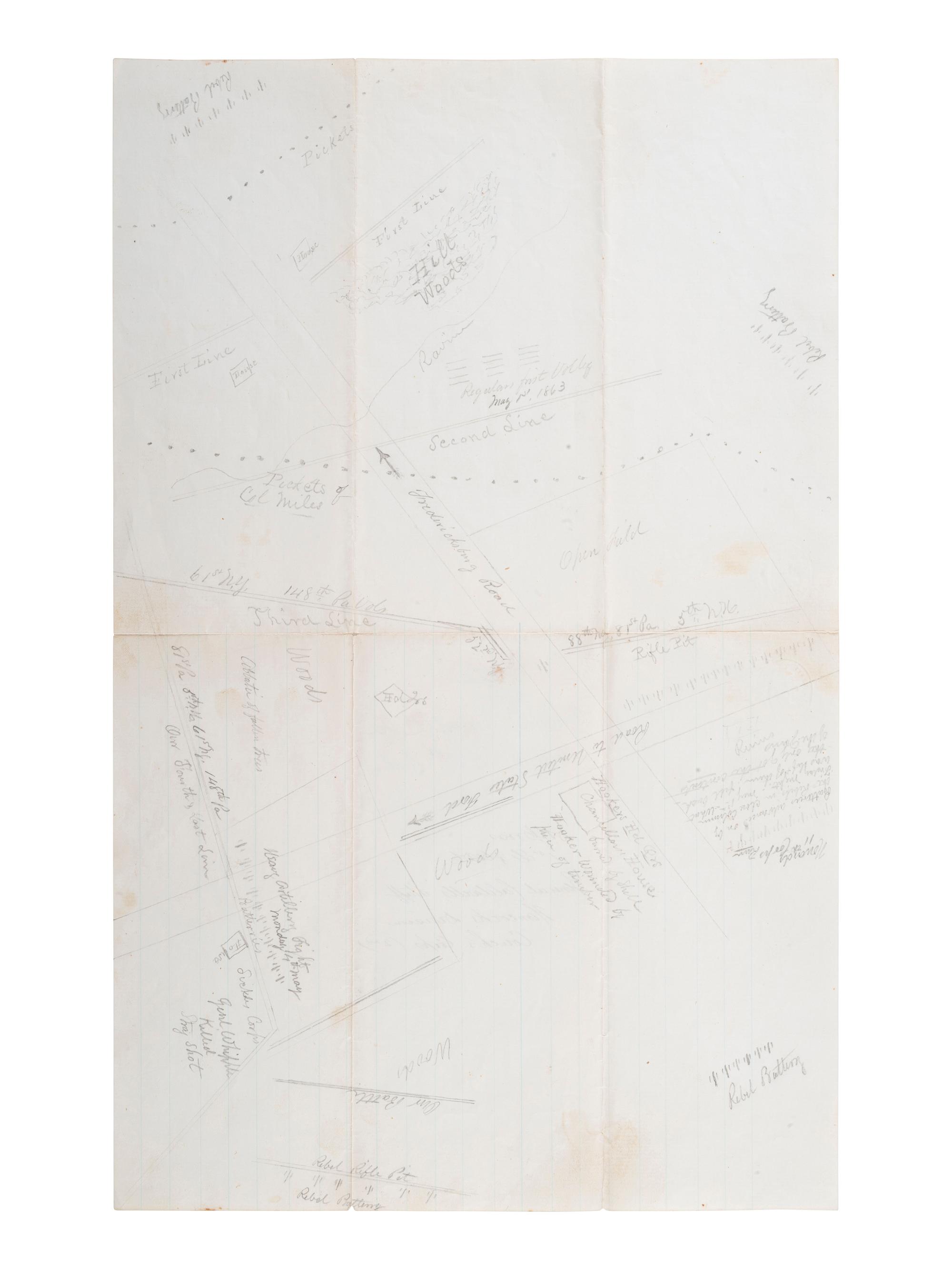 [CIVIL WAR]. Battle of Chancellorsville letter with hand-drawn map of the battlefield, written 5 days after the battle by First Lieutenant Daniel K. Cross, 5th New Hampshire Infantry. "Camp near Falmouth Va," 8 May 1863.