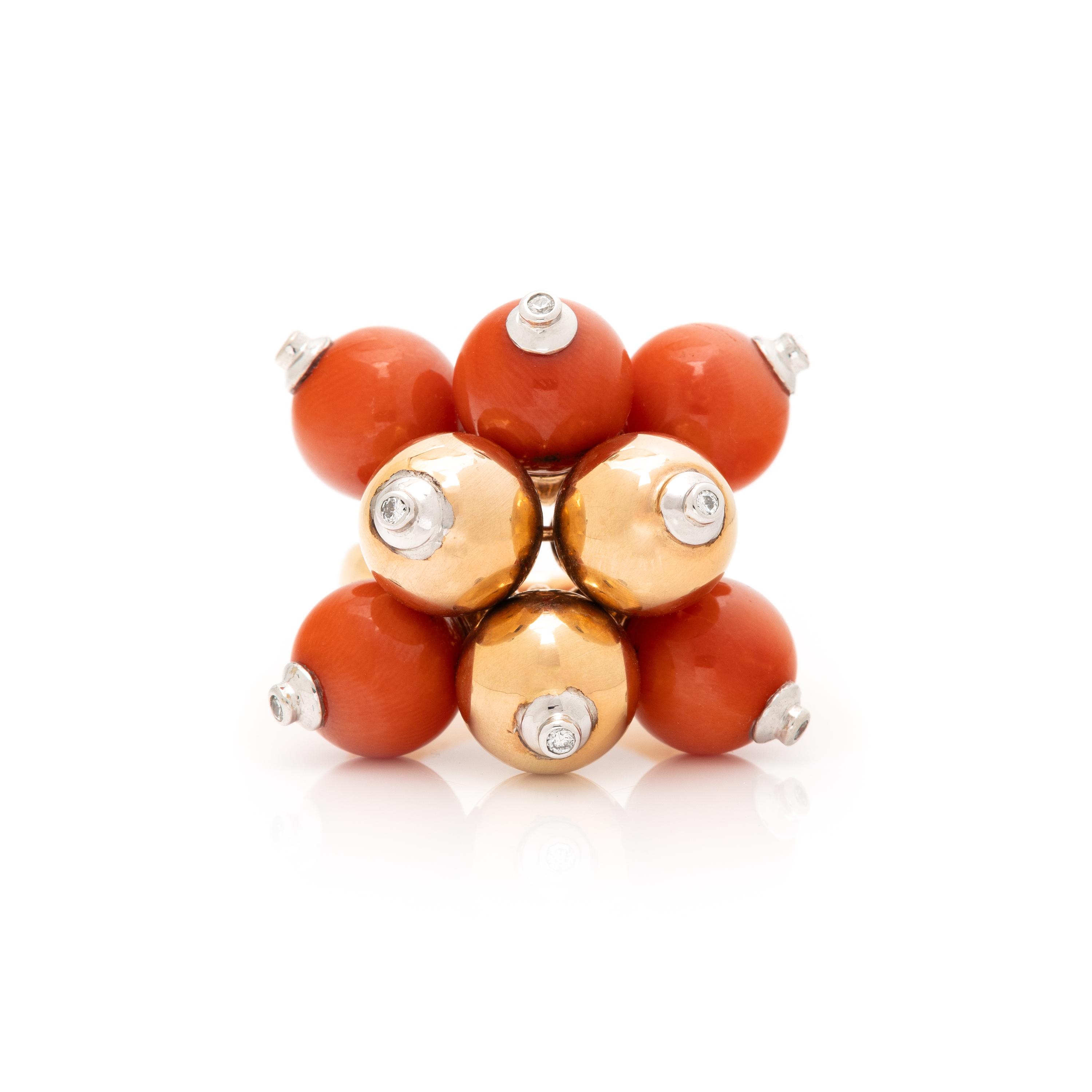 BICOLOR GOLD, CORAL, AND DIAMOND BAUBLE RING