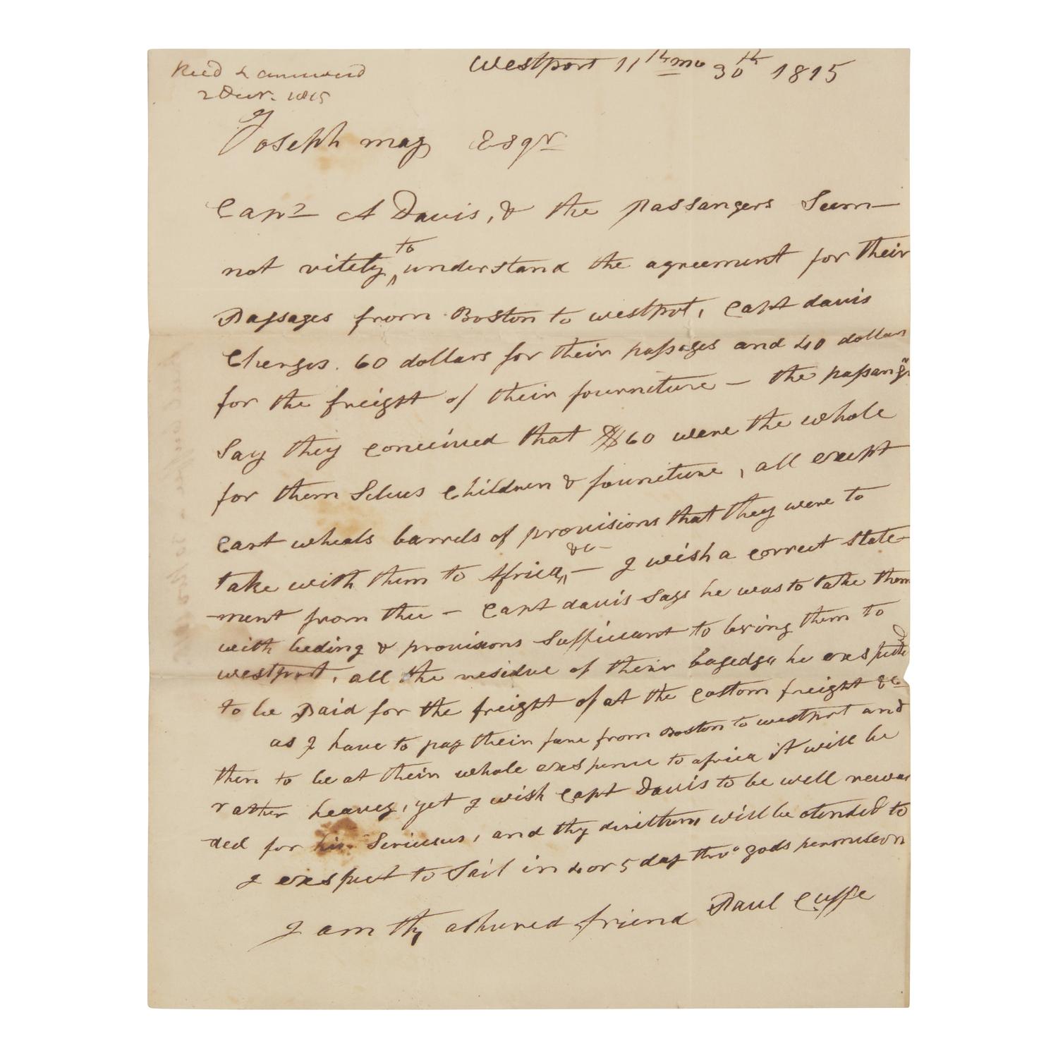 [African-Americana] Cuffe, Paul. Autograph Letter, signed