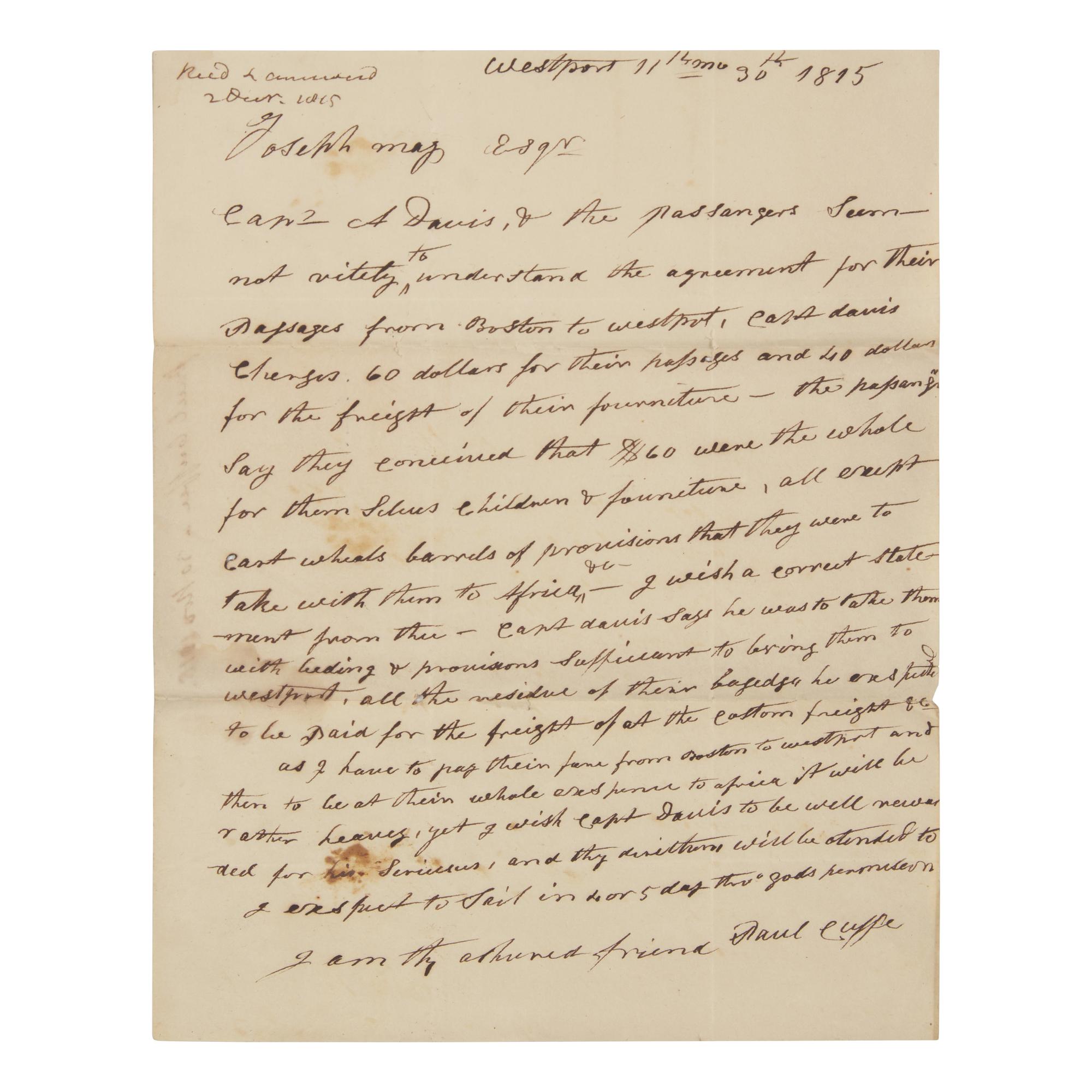 [African-Americana] Cuffe, Paul. Autograph Letter, signed
