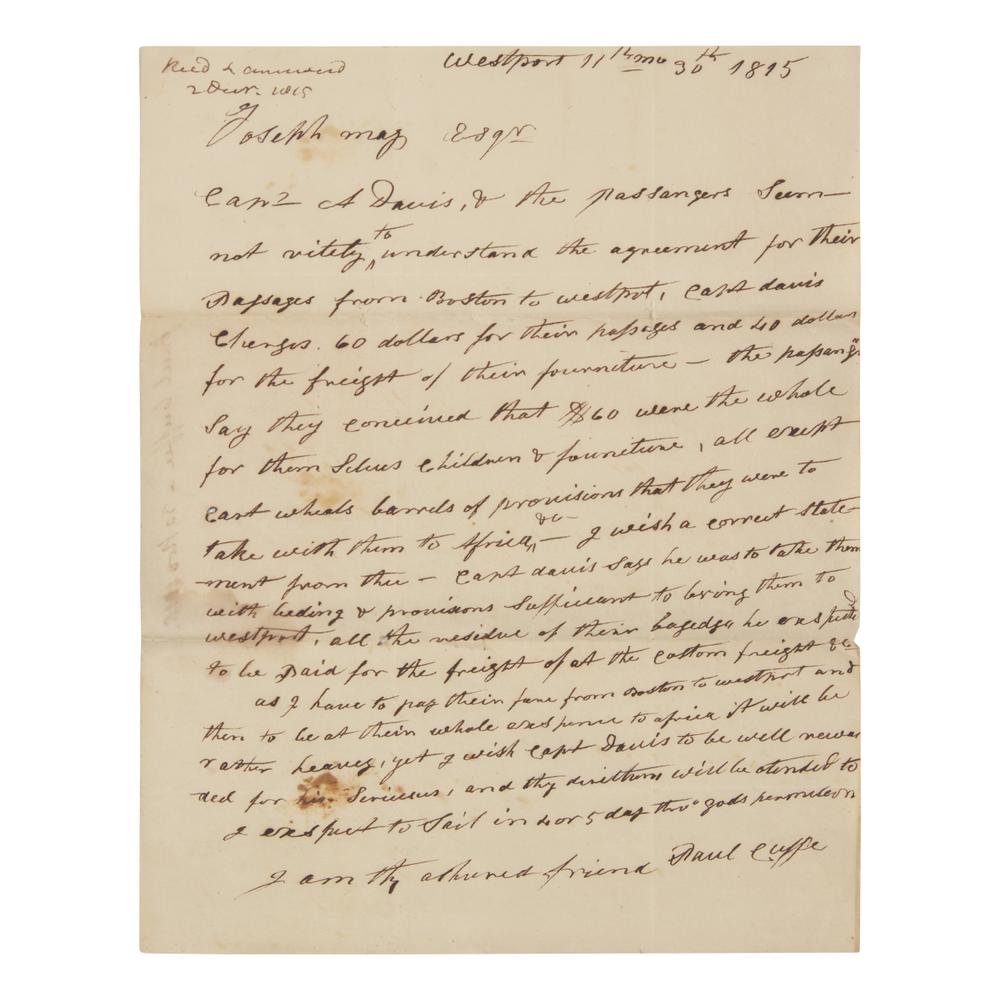 [African-Americana] Cuffe, Paul. Autograph Letter, signed