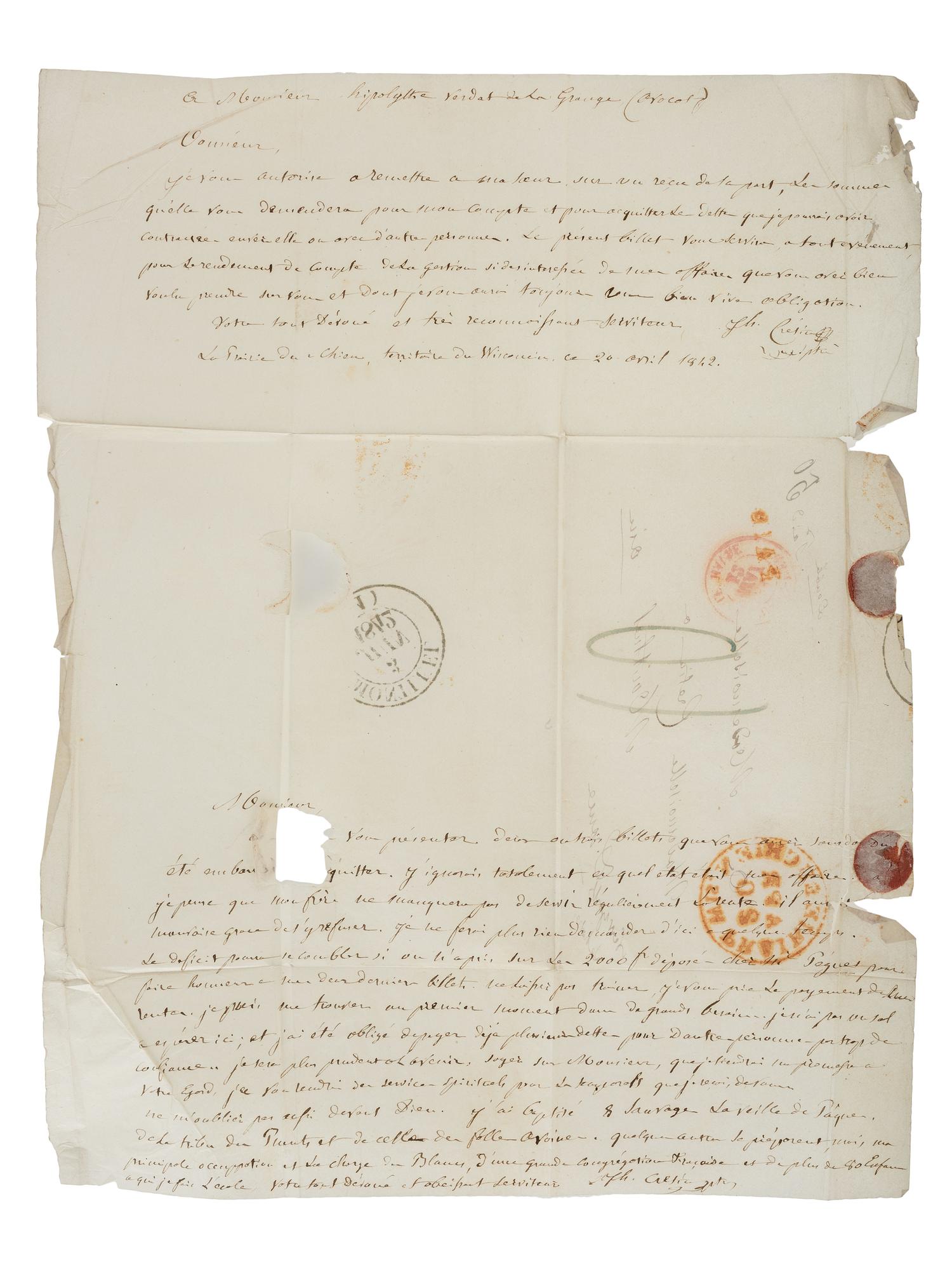 CRETIN, Joseph (1799-1857). Autograph letter twice-signed ("Jh. Crétin") as vicar-general of the western Catholic diocese encompassing portions of Wisconsin and Iowa. Prairie du Chien, Wisconsin Territory. 20 April 1842.