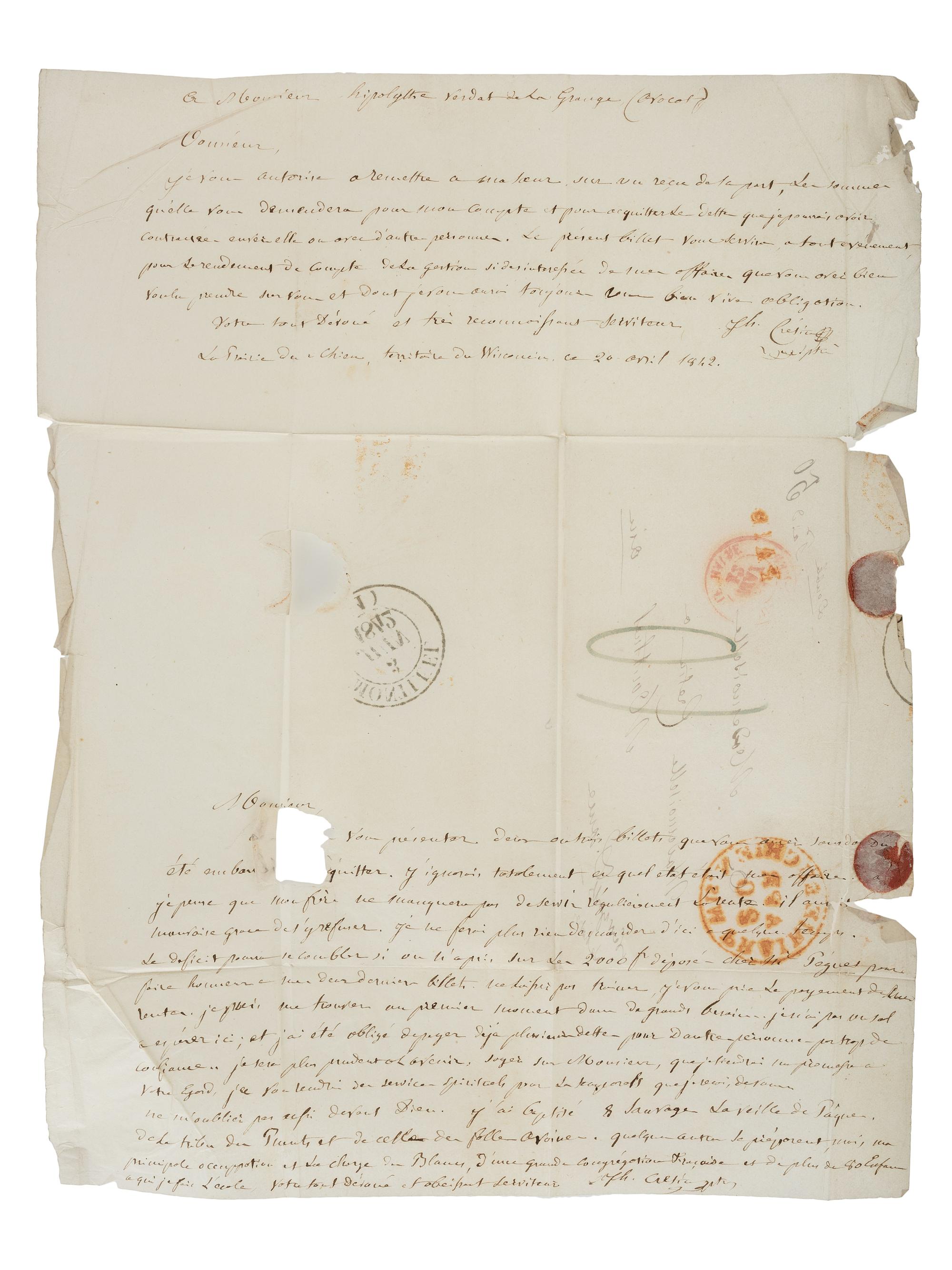 CRETIN, Joseph (1799-1857). Autograph letter twice-signed ("Jh. Crétin") as vicar-general of the western Catholic diocese encompassing portions of Wisconsin and Iowa. Prairie du Chien, Wisconsin Territory. 20 April 1842.