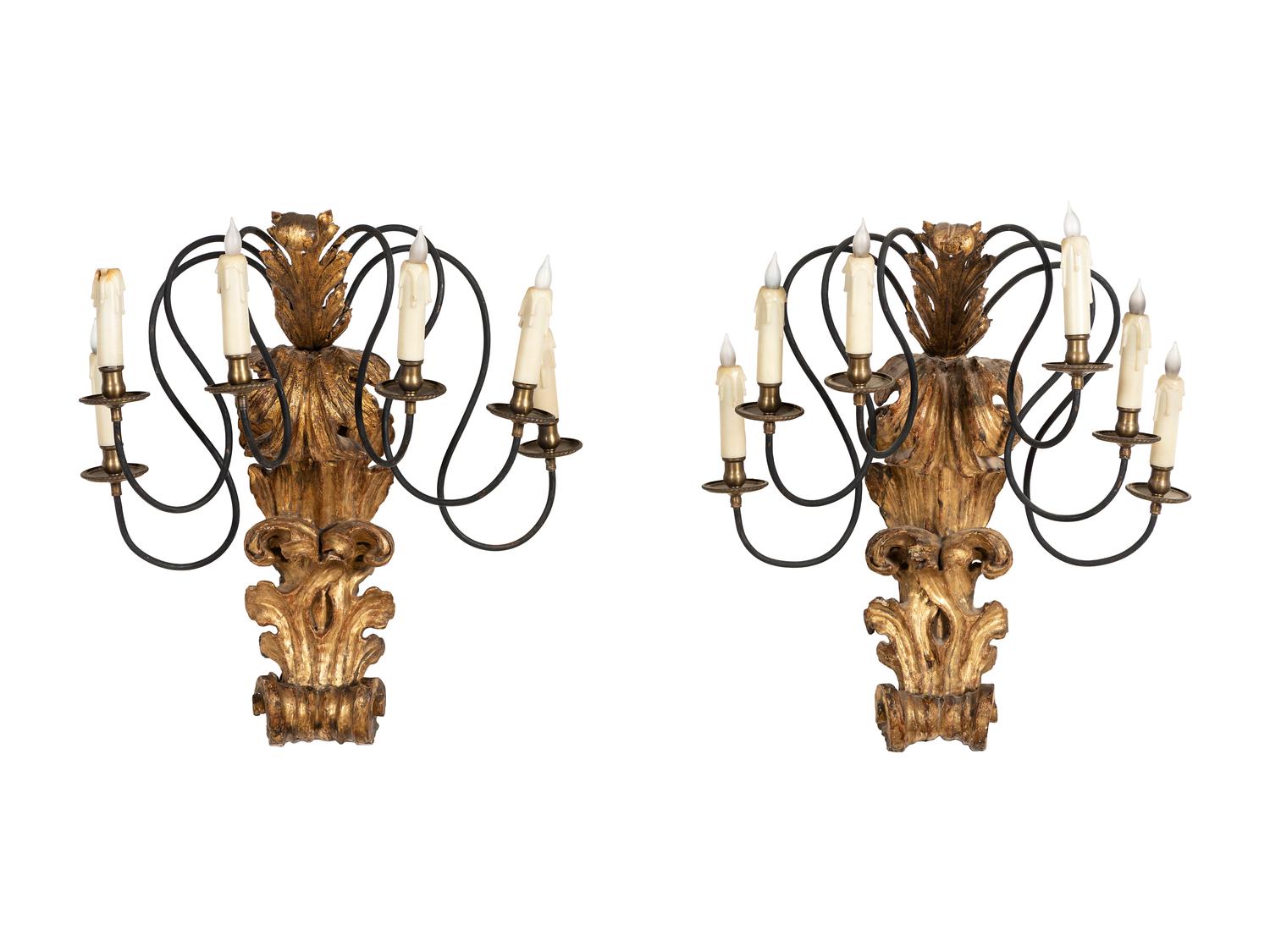 A Pair of Continental Giltwood and Metal Six-Light Sconces