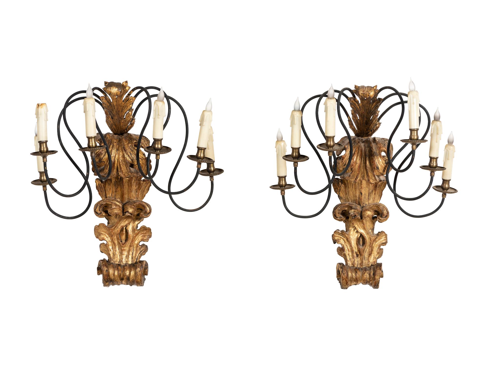 A Pair of Continental Giltwood and Metal Six-Light Sconces