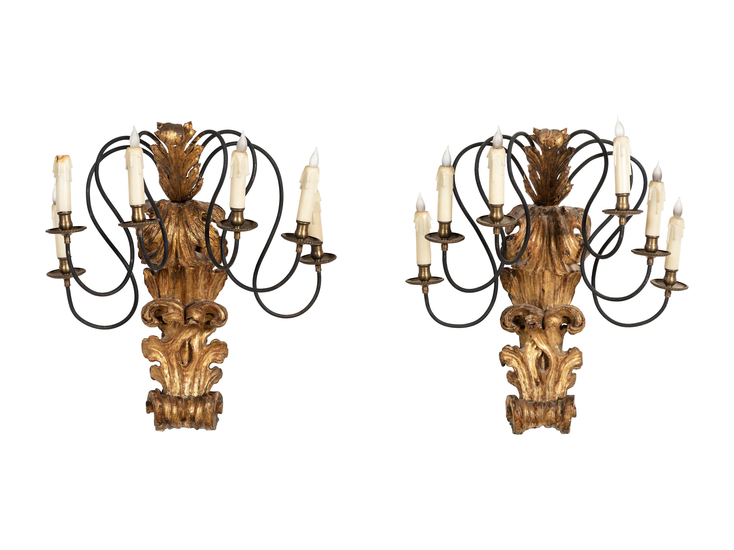 A Pair of Continental Giltwood and Metal Six-Light Sconces