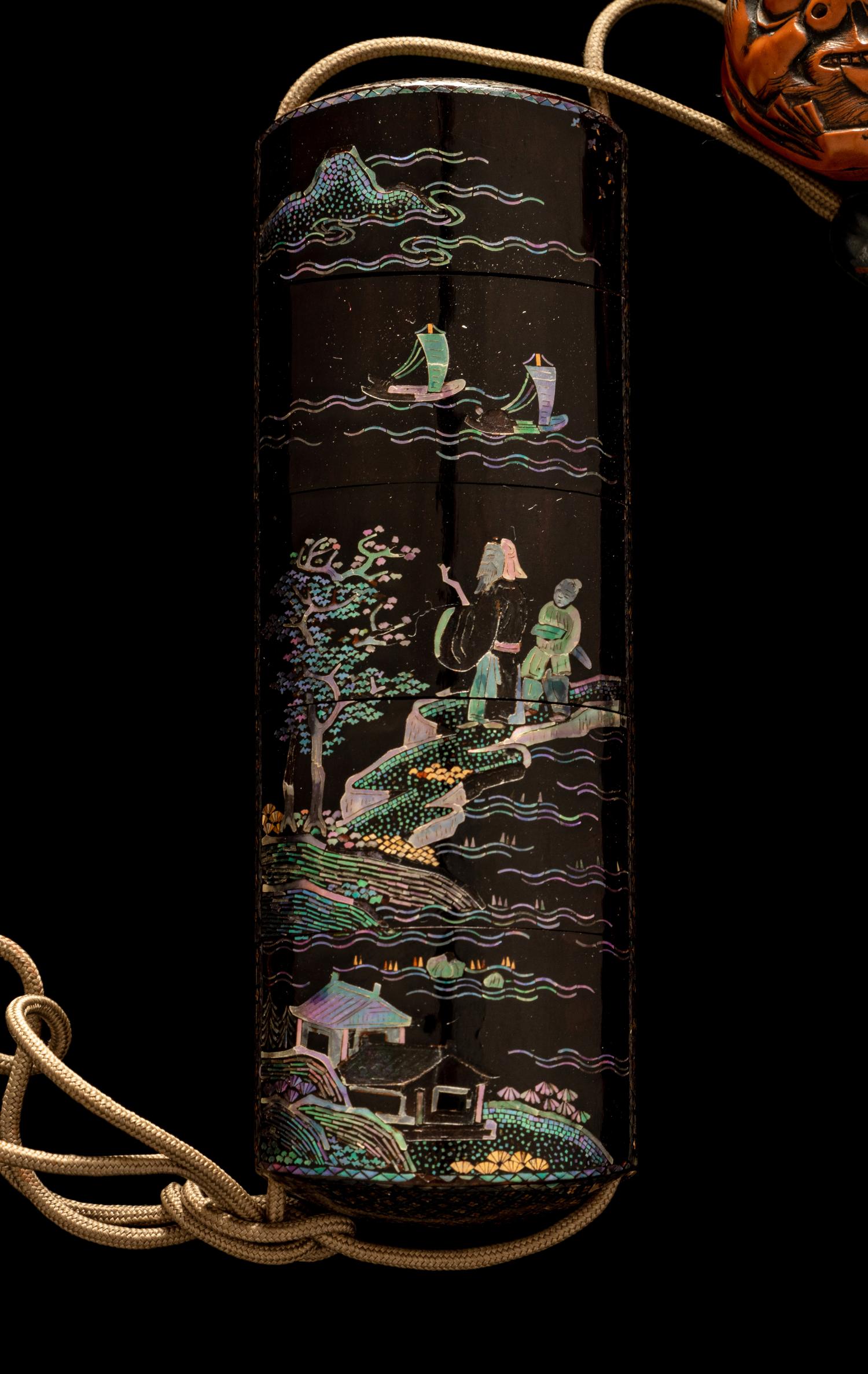 A Japanese Shell Inlaid Black Lacquer Four-Case Inro