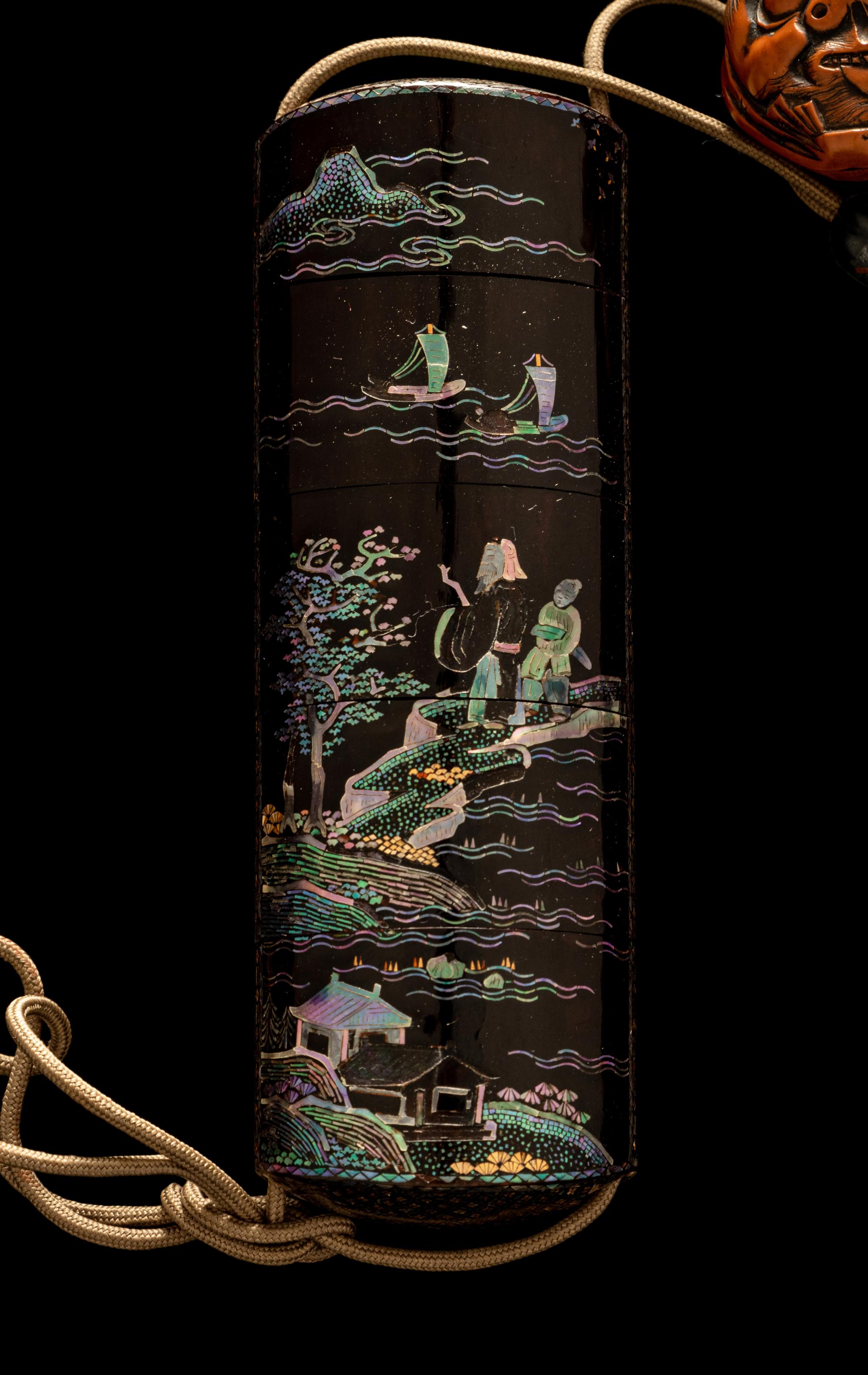 A Japanese Shell Inlaid Black Lacquer Four-Case Inro