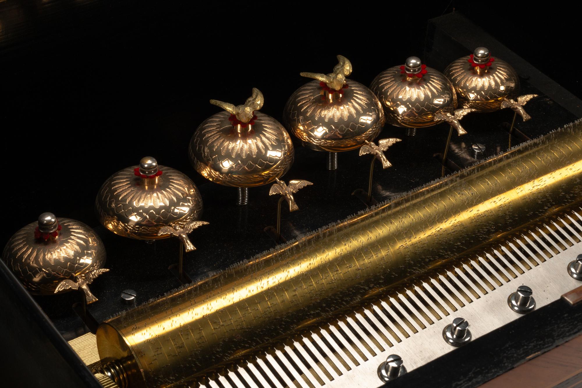 A Swiss “Bells in Sight” Cylinder Music Box on Stand