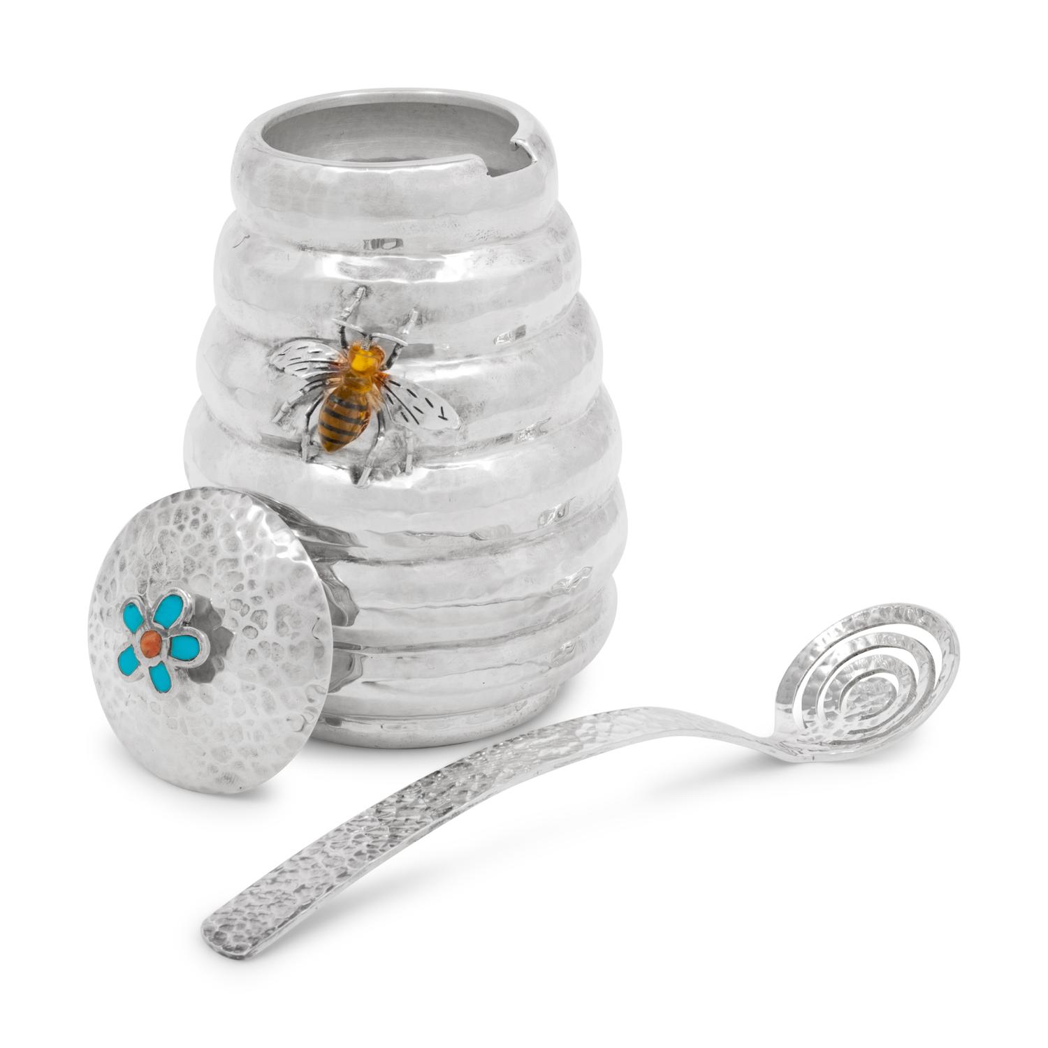 A Mexican Silver, Enamel and Glass Mounted Honey Pot and Dipper