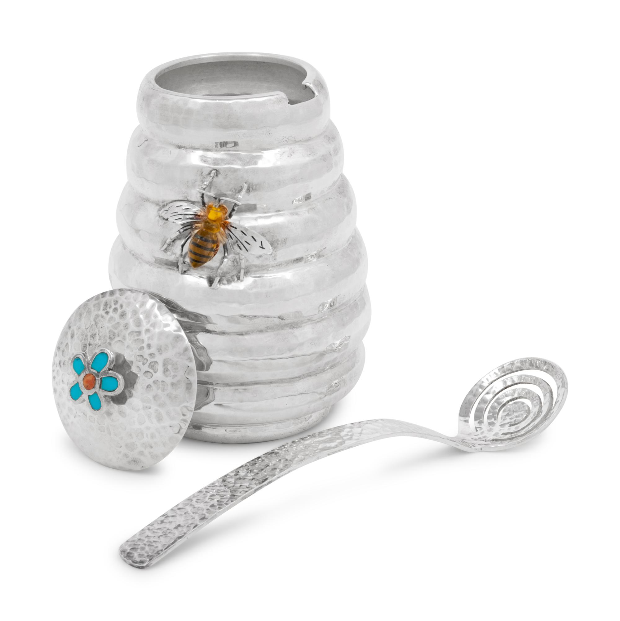 A Mexican Silver, Enamel and Glass Mounted Honey Pot and Dipper