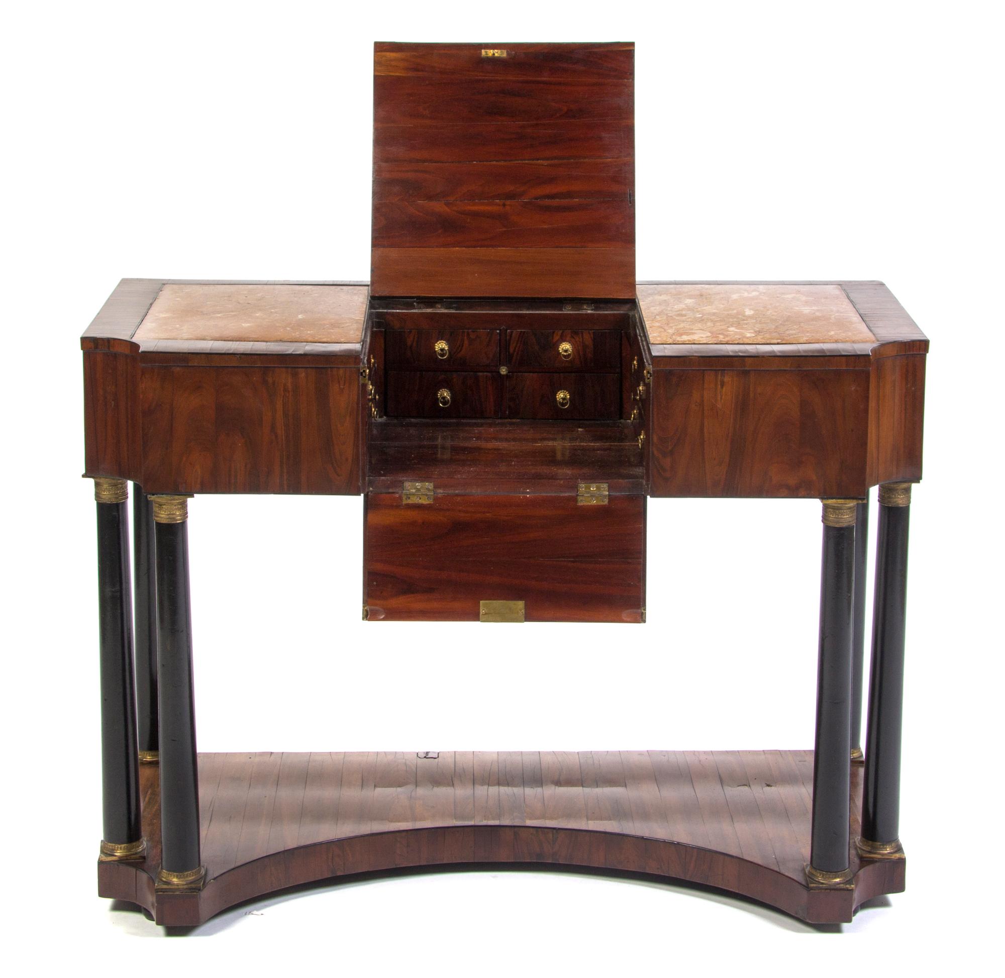 A Continental Walnut Veneered Dressing Table, Height 31 1/2 x width 43 1/4 x depth 20 inches.