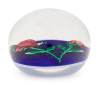 A Charles Kaziun Jr. Red Rope Rose and Bud on Blue Ground Glass Paperweight