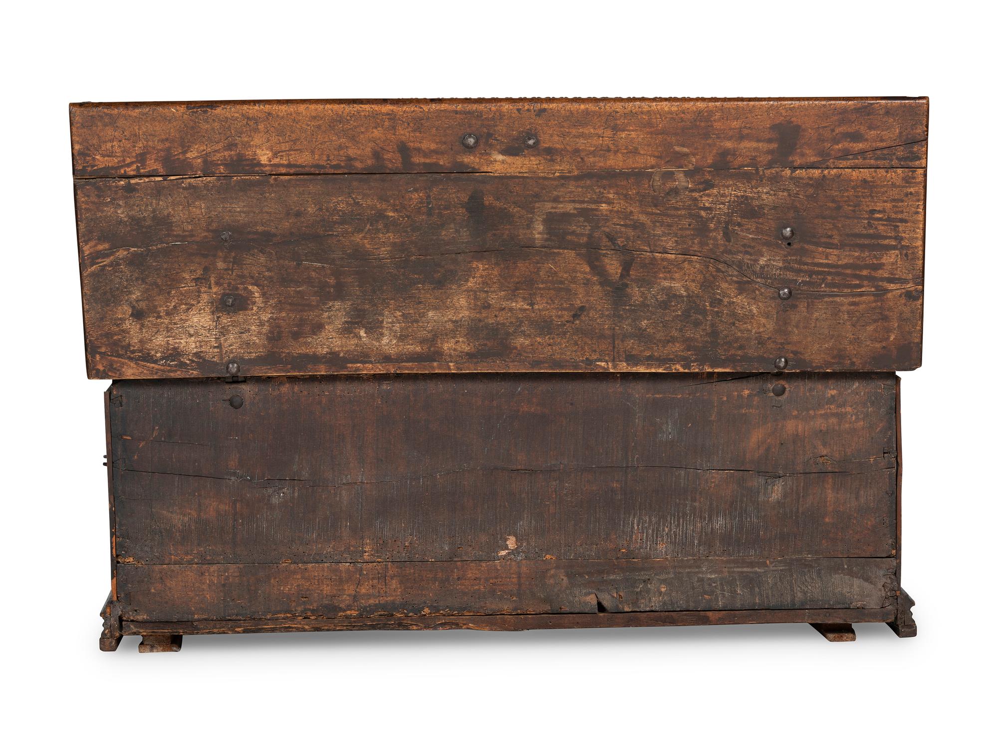 An Italian Wrought-Iron Mounted Carved Walnut Cassone