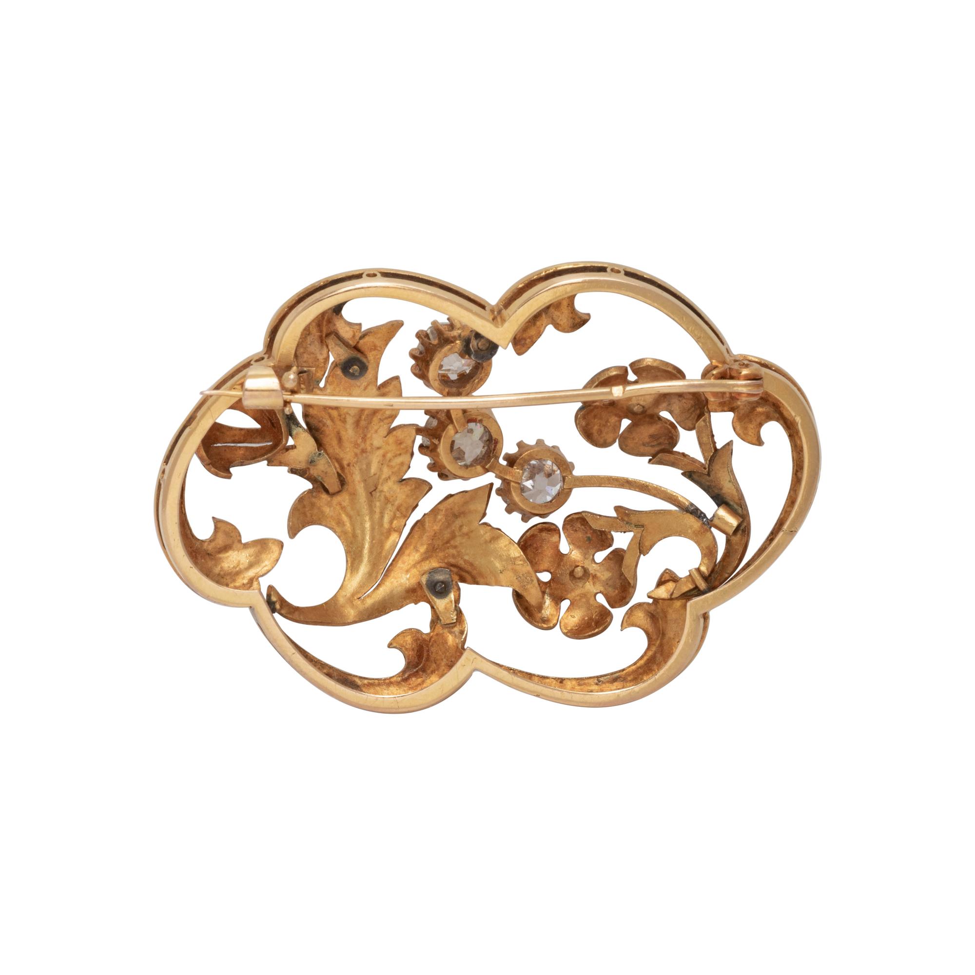 ANTIQUE, YELLOW GOLD, DIAMOND AND ENAMEL FLORAL BROOCH