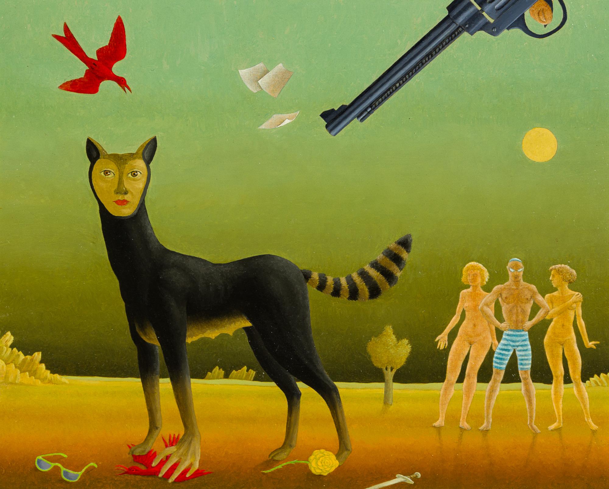 John Wilde, (American, 1919-2006), Two Red Birds, a Dagger and a Revolver, 1992