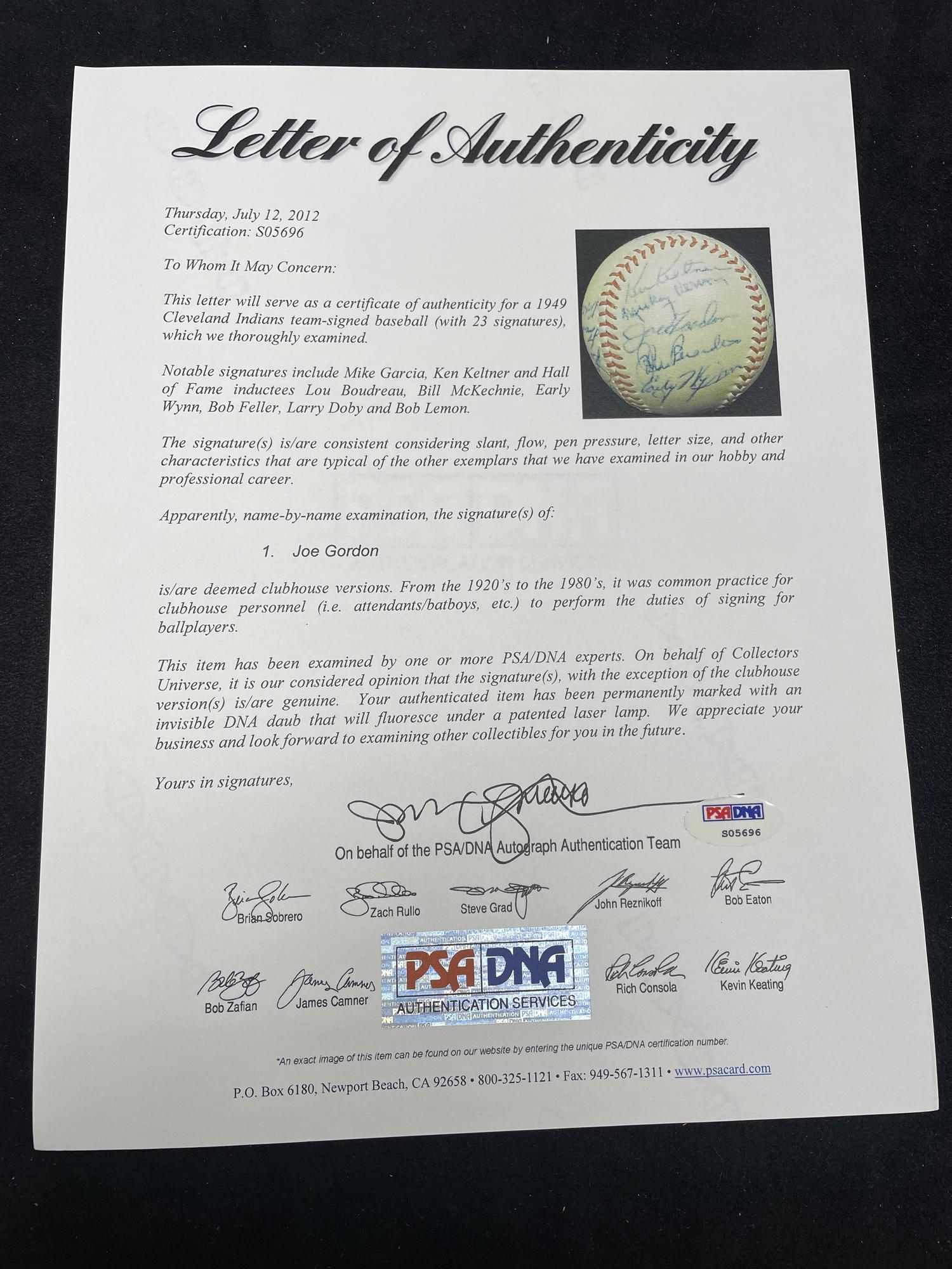 A 1949 Cleveland Indians Team Signed Autograph Baseball Featuring Multiple Hall of Famers (PSA Letter of Authenticity),