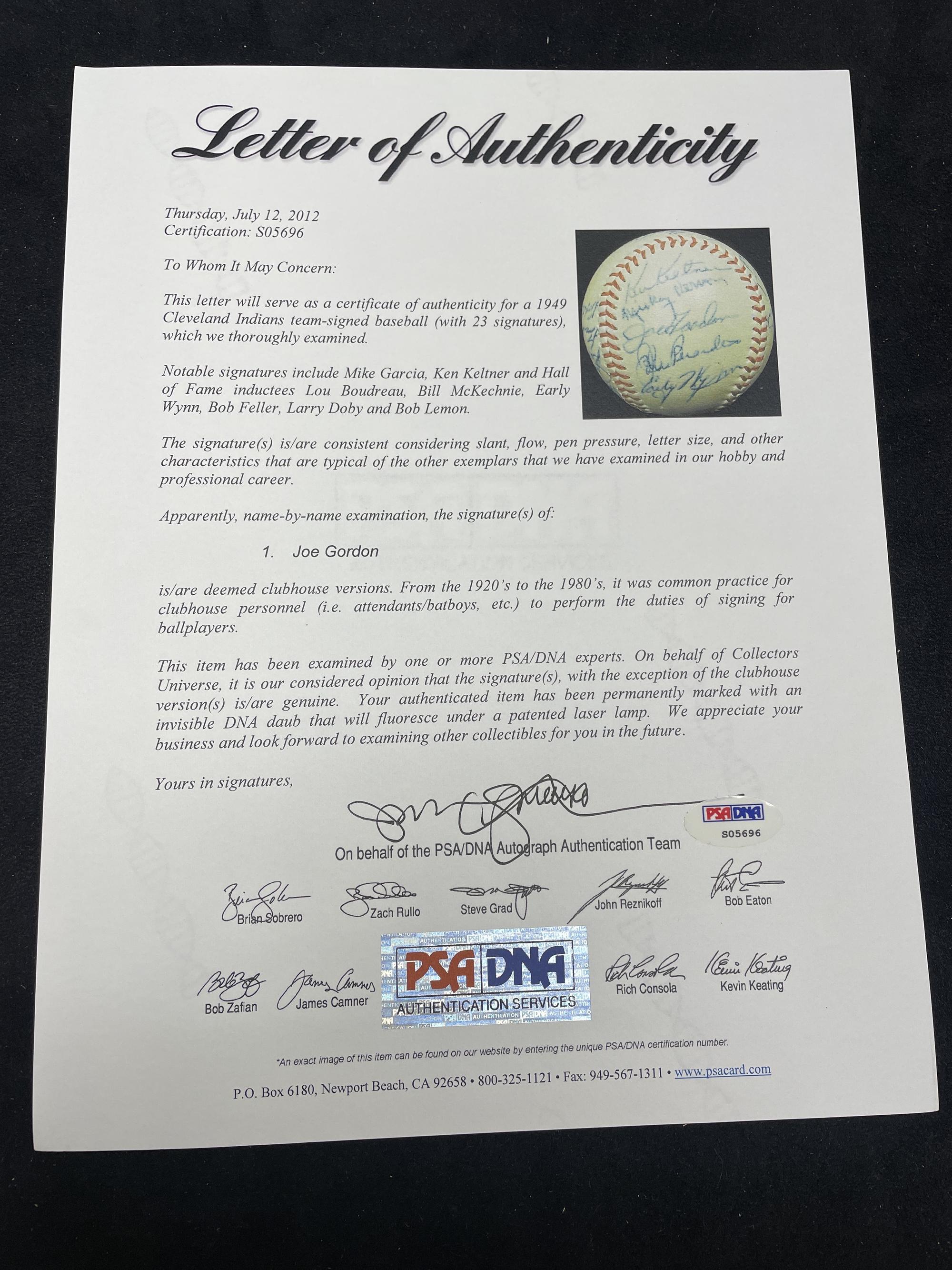 A 1949 Cleveland Indians Team Signed Autograph Baseball Featuring Multiple Hall of Famers (PSA Letter of Authenticity),