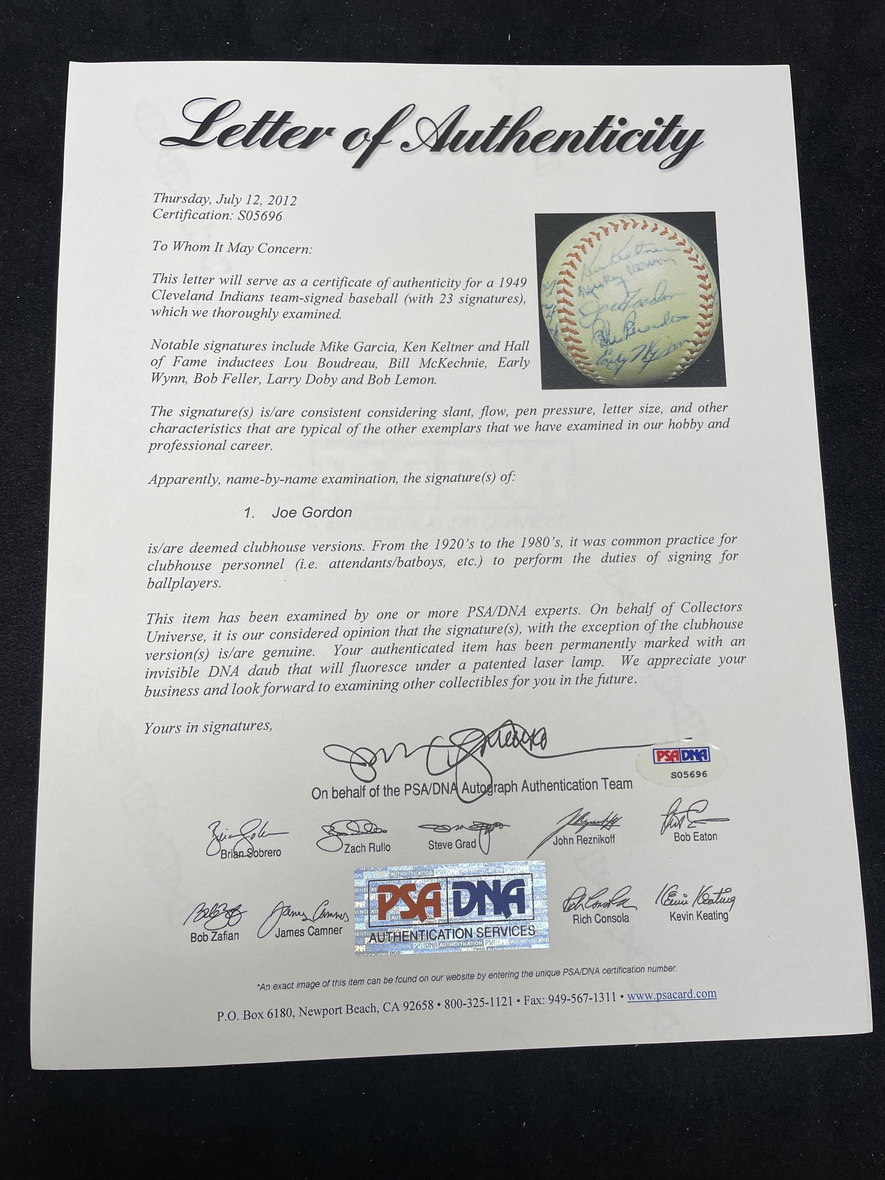 A 1949 Cleveland Indians Team Signed Autograph Baseball Featuring Multiple Hall of Famers (PSA Letter of Authenticity),
