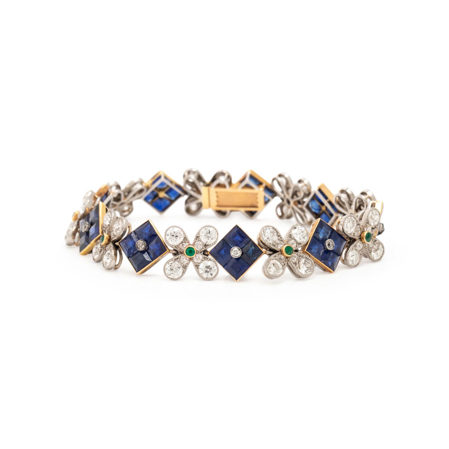 FRENCH, EARLY ART DECO, SAPPHIRE, DIAMOND, AND EMERALD BRACELET