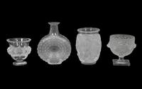 A Group of Three Lalique Vases and a Decanter