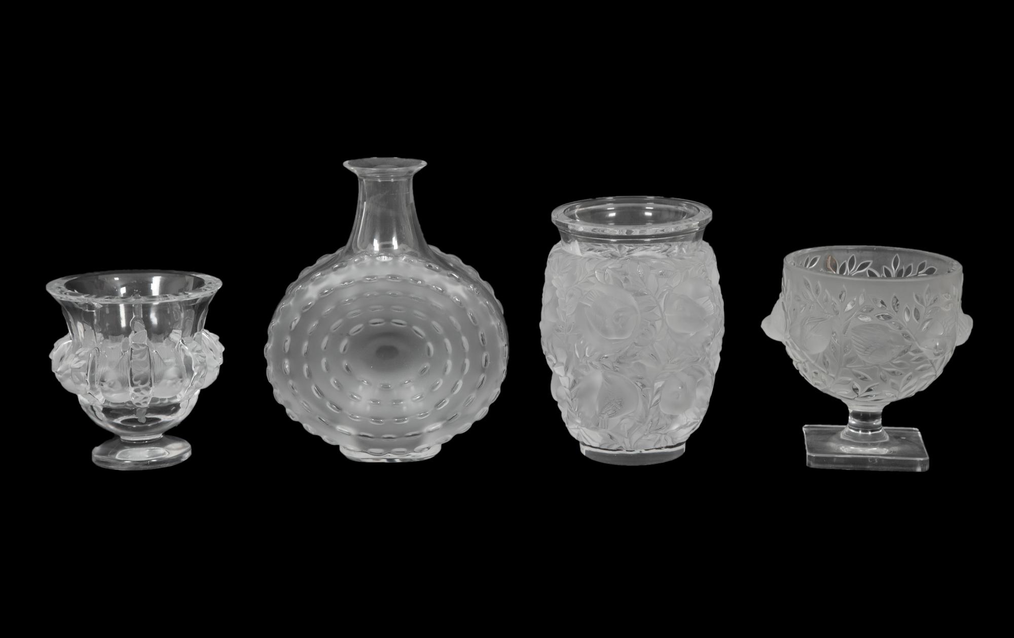 A Group of Three Lalique Vases and a Decanter