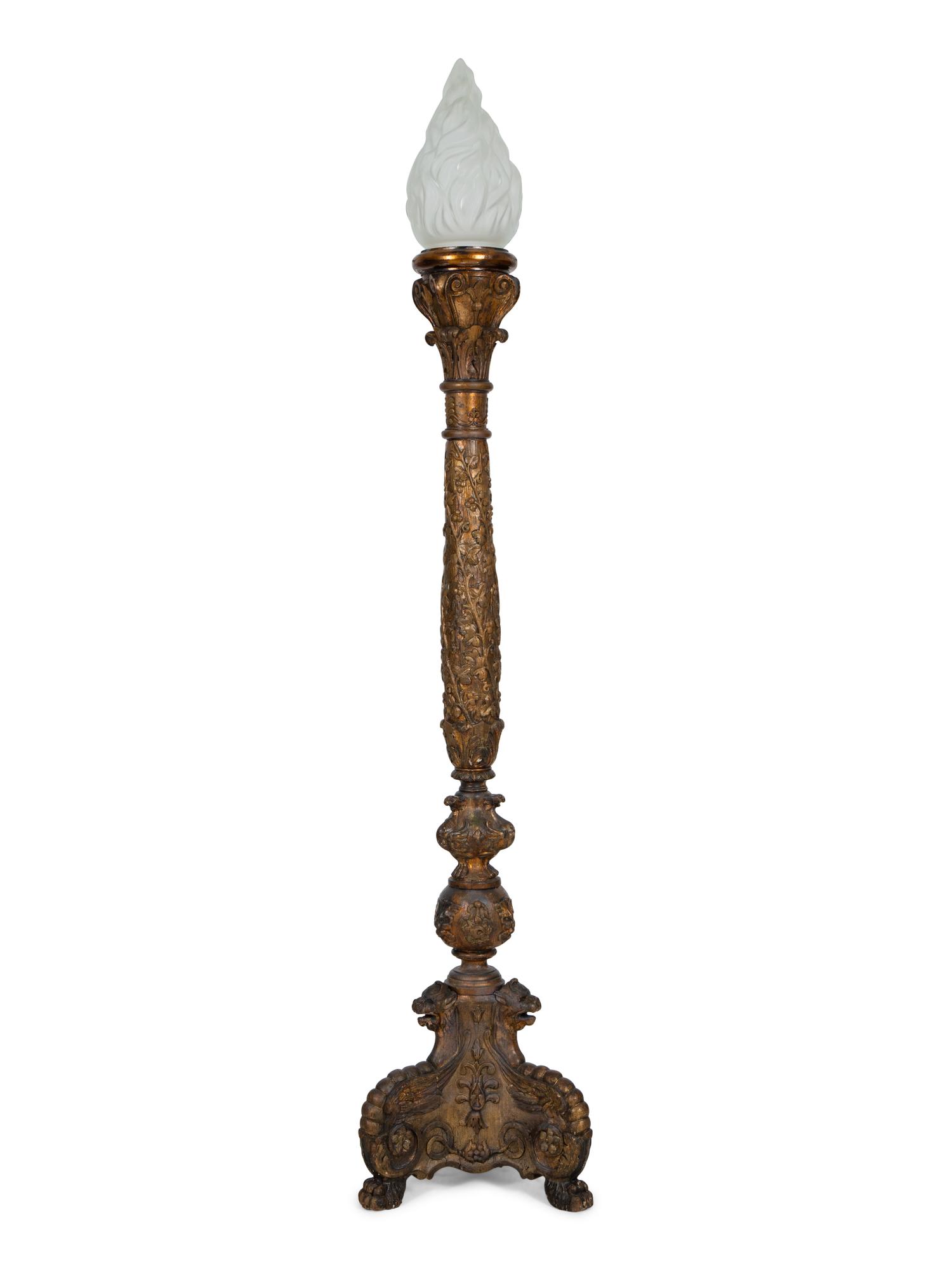 A Pair of Italian Baroque Style Giltwood Torchères with Frosted Glass Flame-Form Shades