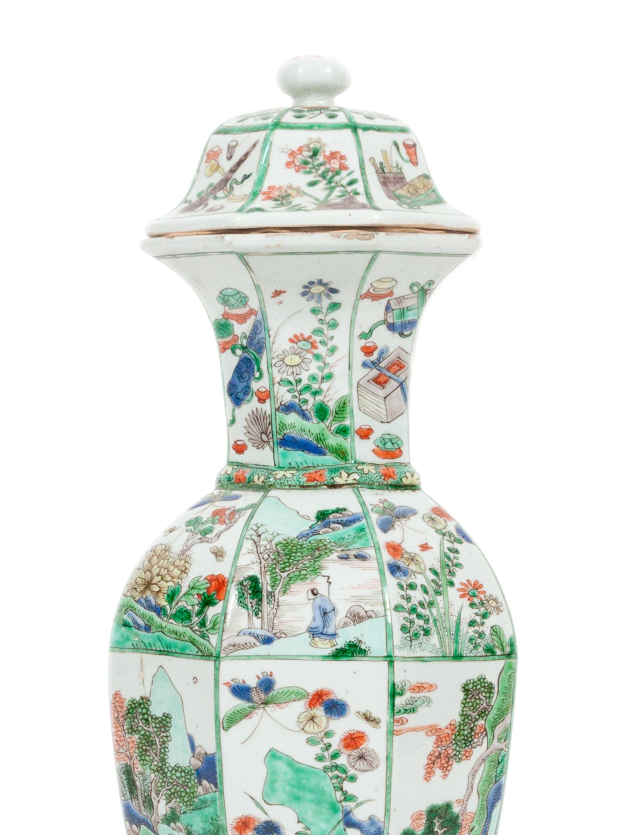 A Chinese Famille Verte Hexagonal Porcelain Covered Vase