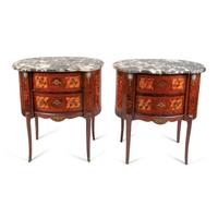 A Pair of Louis XV/XVI Transitional Style Parquetry Inlaid Marble Top Side Cabinets
