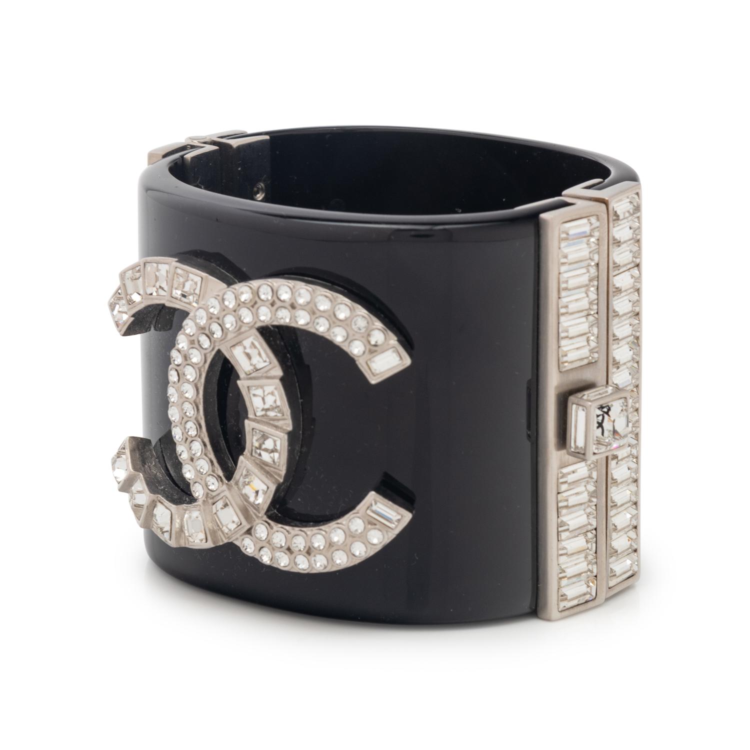 Chanel Black Resin & Rhinestone Logo Cuff