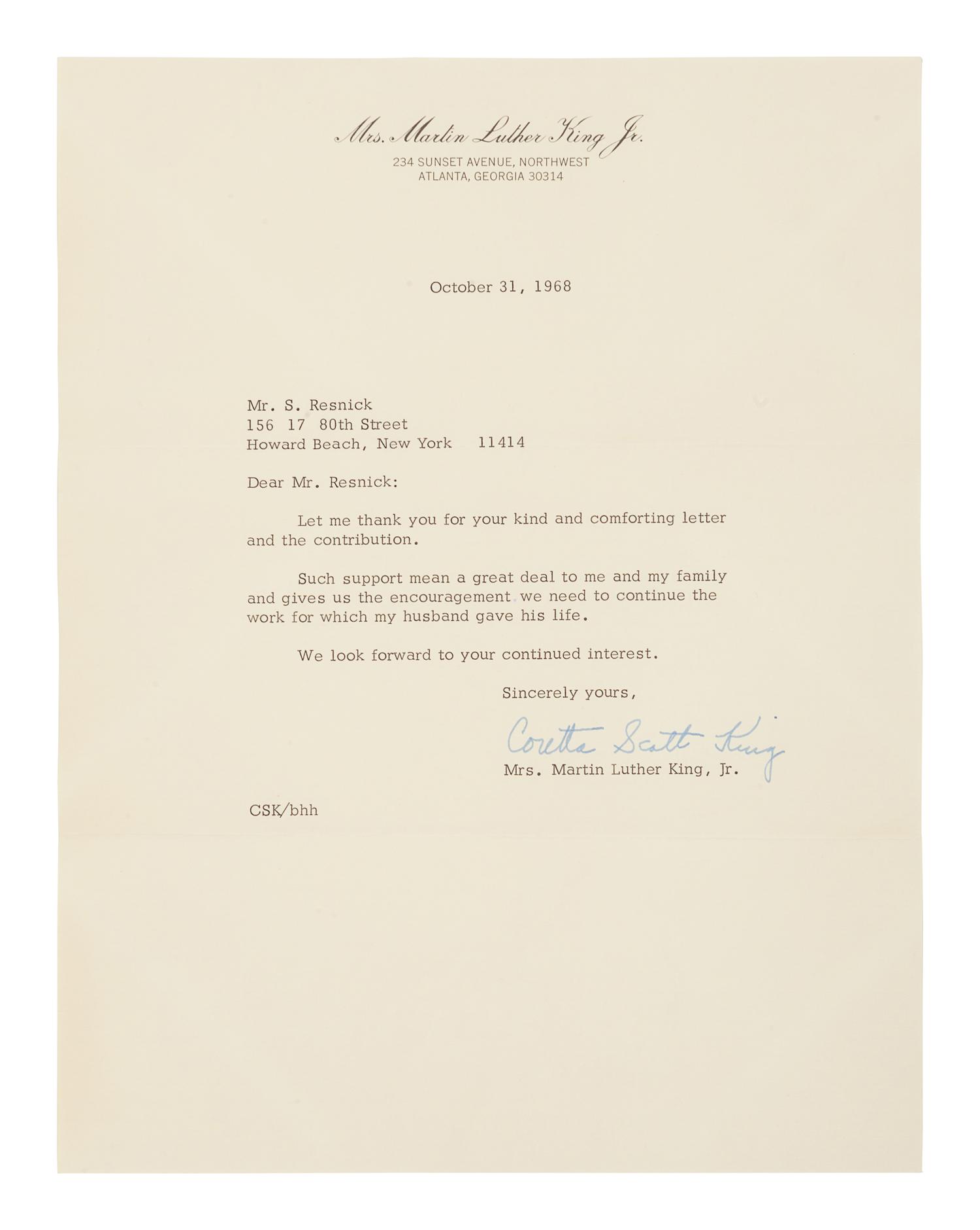 KING, Coretta Scott (1927-2006). Typed letter signed (“Coretta Scott King”) to Mr. S. Resnick. Atlanta, 31 October 1968. 1 page, 8vo, on Mrs. Martin Luther King Jr. letterhead .
