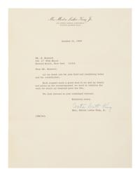 KING, Coretta Scott (1927-2006). Typed letter signed (“Coretta Scott King”) to Mr. S. Resnick. Atlanta, 31 October 1968. 1 page, 8vo, on Mrs. Martin Luther King Jr. letterhead .