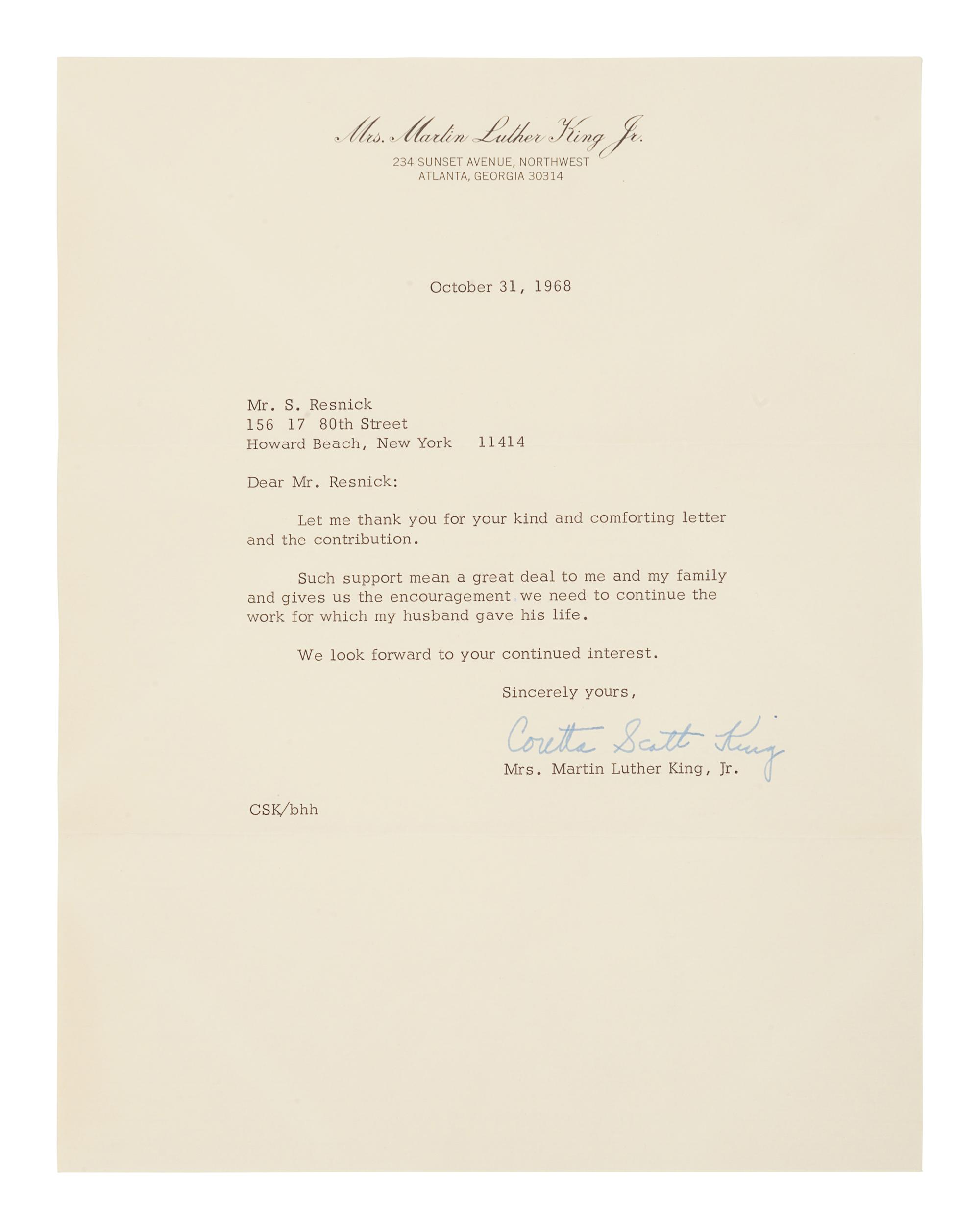 KING, Coretta Scott (1927-2006). Typed letter signed (“Coretta Scott King”) to Mr. S. Resnick. Atlanta, 31 October 1968. 1 page, 8vo, on Mrs. Martin Luther King Jr. letterhead .