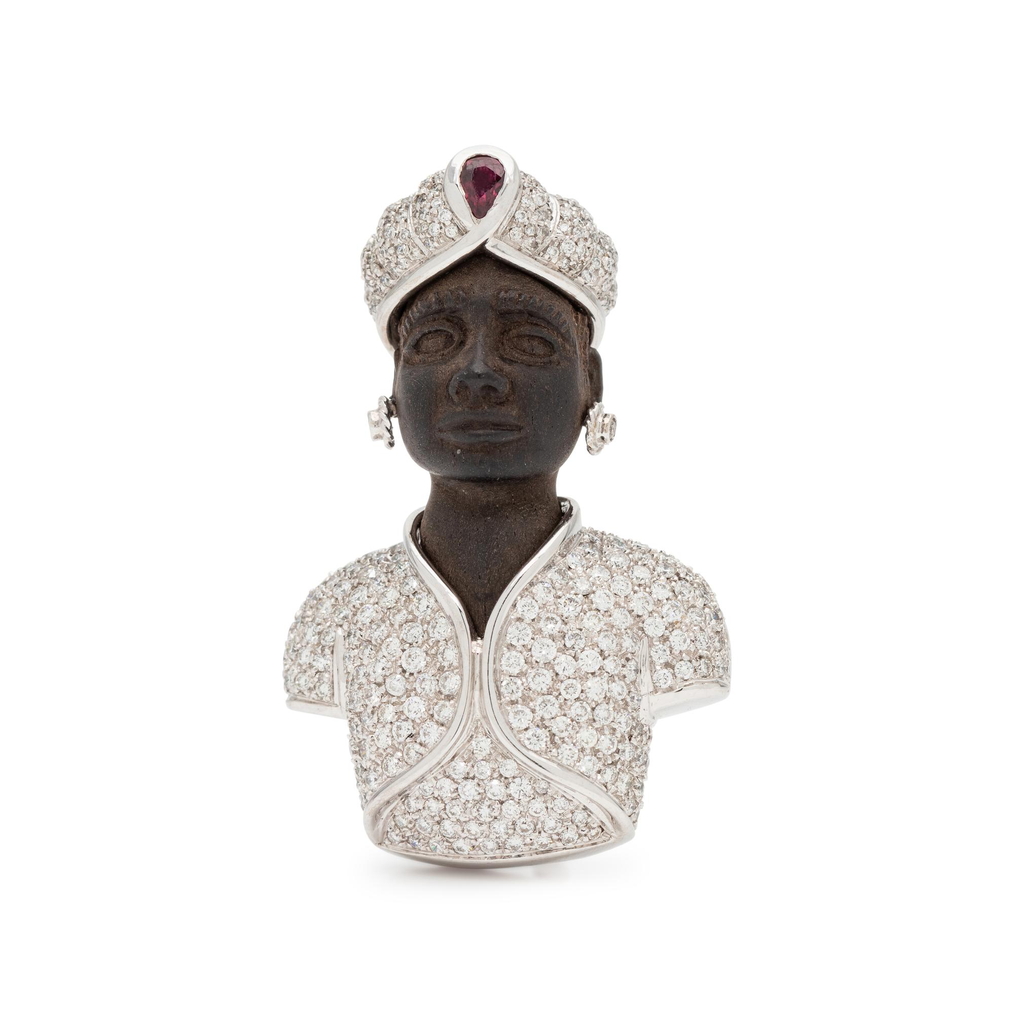 DIAMOND, RUBY AND CULTURED PEARL BLACKAMOOR BROOCH