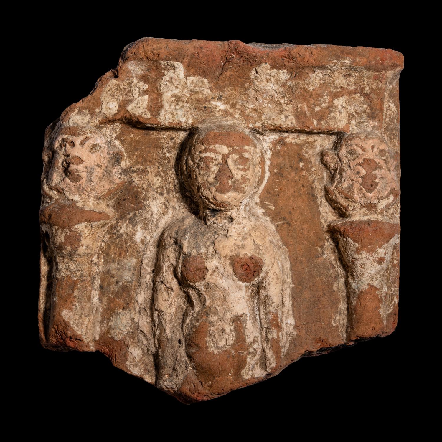 An Egyptian Terracotta Fragment with Concubine Flanked by Bes-Shaped Columns