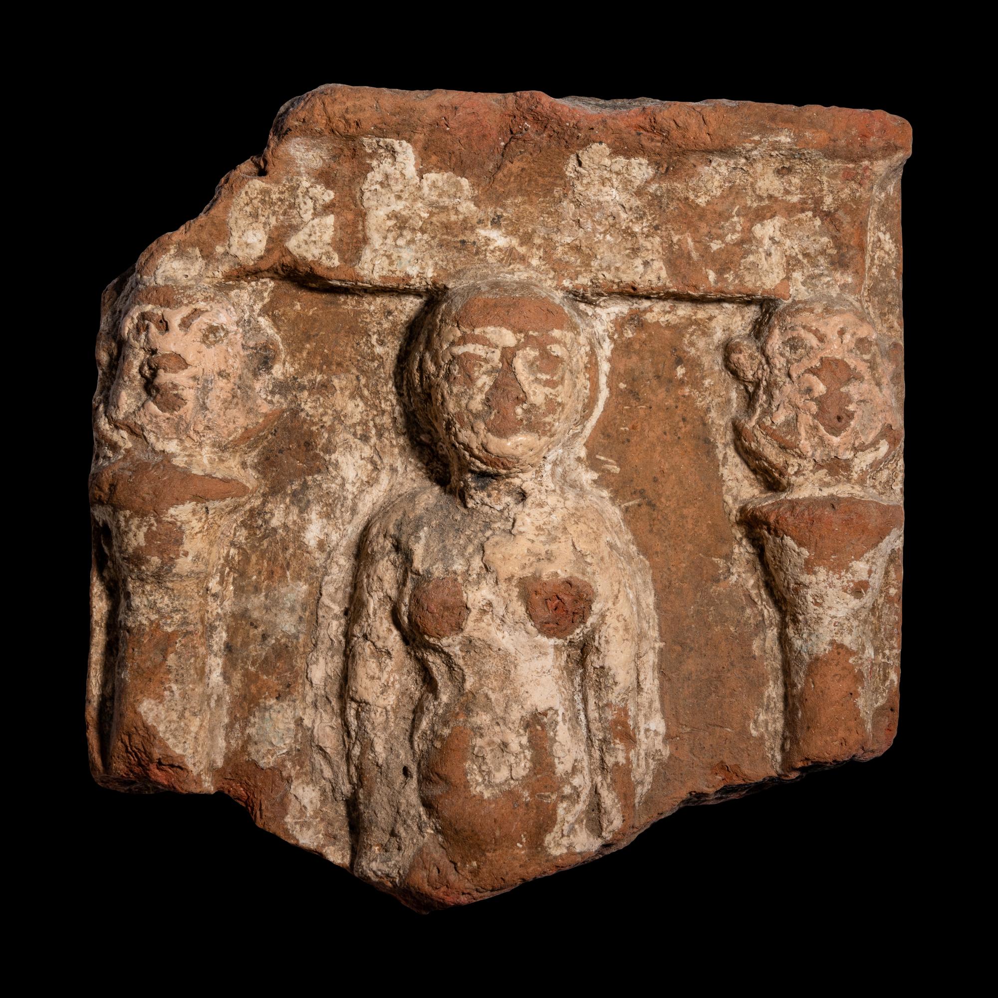 An Egyptian Terracotta Fragment with Concubine Flanked by Bes-Shaped Columns