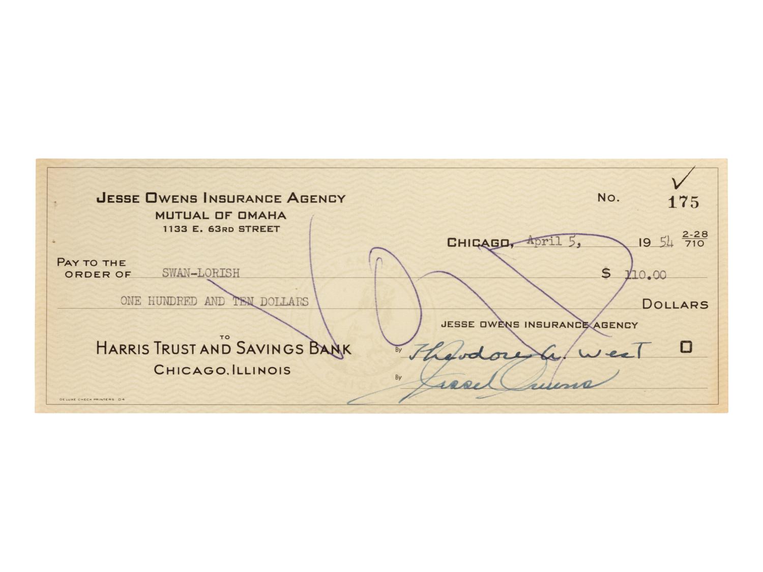 A 1954 Jesse Owens Signed Check,