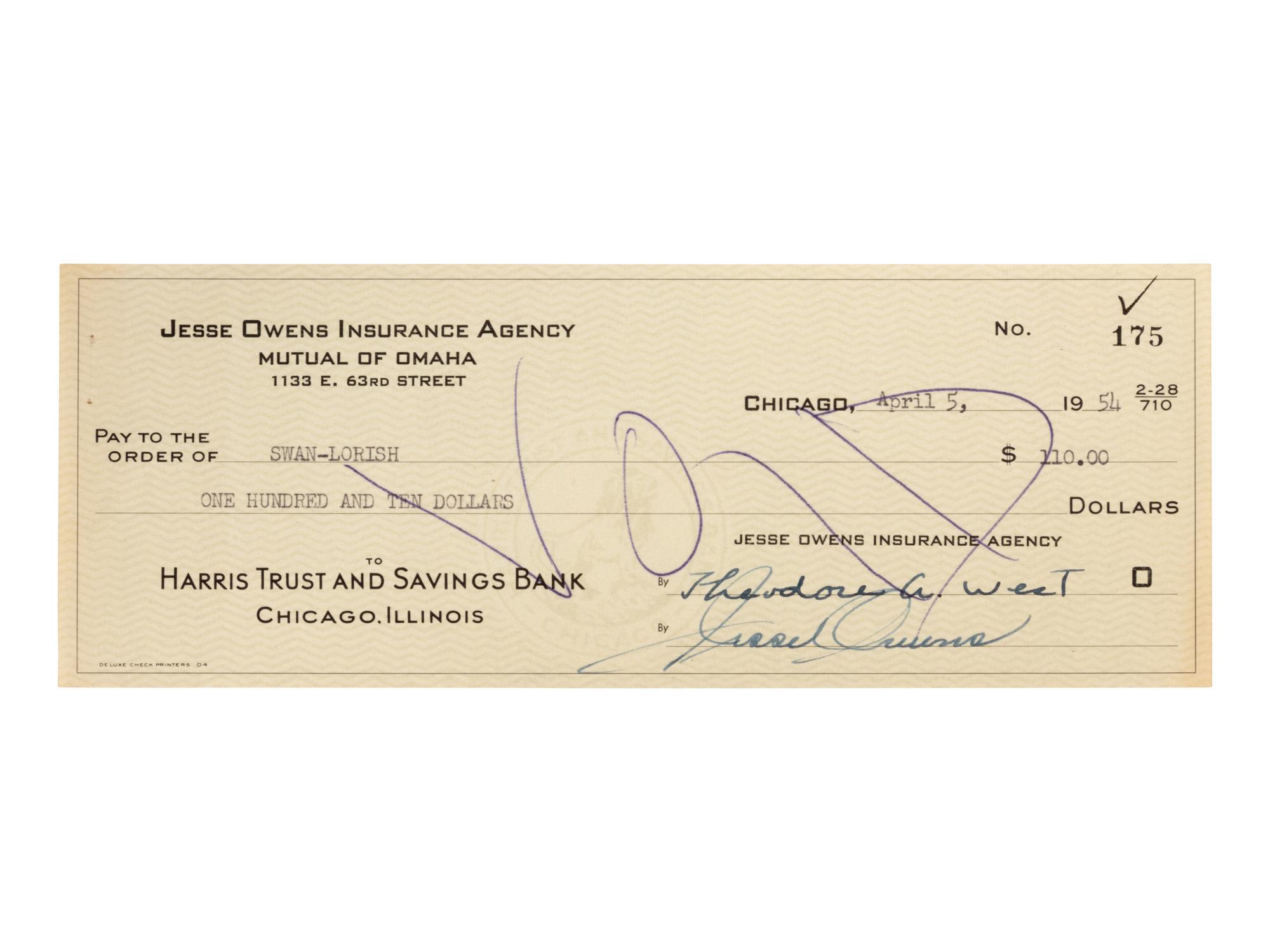 A 1954 Jesse Owens Signed Check,