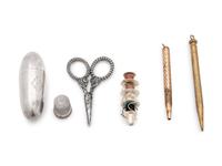 Two Gilt Metal Coin Purses, a Shell Purse and a Group of Needlework Tools