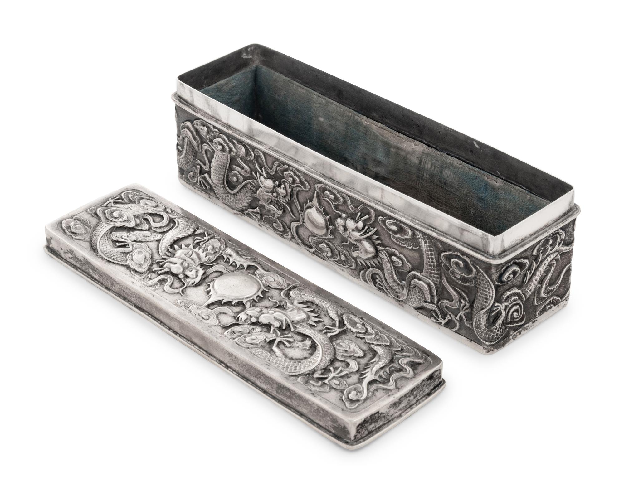 A Chinese Export Silver Rectangular Box and Cover