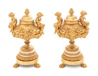 A Pair of Louis XV Style Gilt Bronze and White Marble Covered Urns