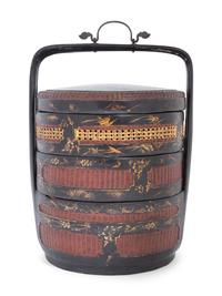 A Chinese Lacquered and Partial Gilt Two Tiered Basket